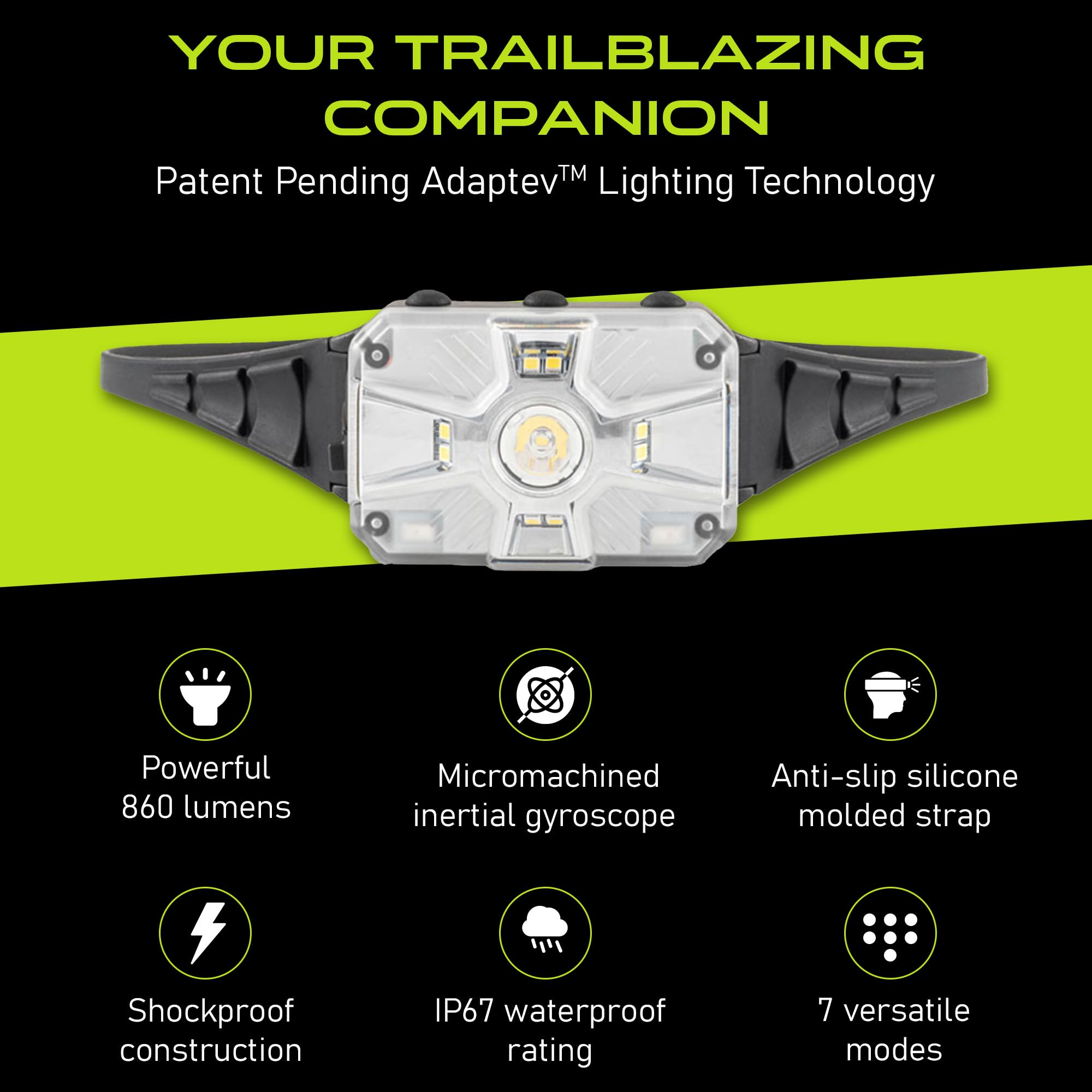 Panther Vision Adaptev - Torcia frontale a LED ricaricabile con giroscopio inerziale, lampada frontale a LED con torcia ultra luminosa rossa e impermeabile per corsa, escursionismo, campeggio
