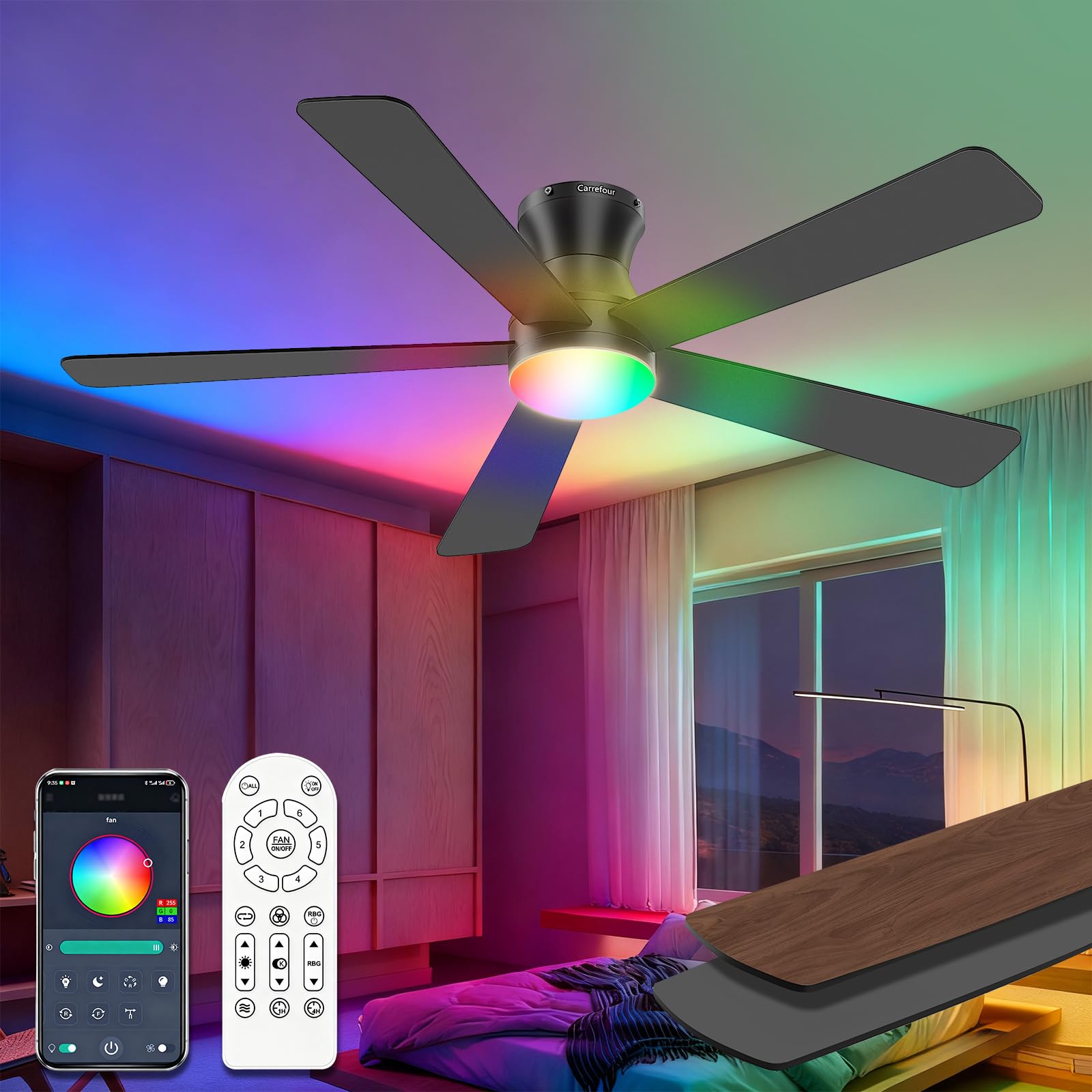 Photo 1 of ***MISSING HARDWARE AND CONTROL***
Carrefour 48 Inch Ceiling Fans with Lights Remote and App Control, Low Profile Flush Mount Modern Ceiling Fan with RGB Light, 6 Speeds Reversible DC Motor, Dimmable 3 CCT for Bedroom, Living Room