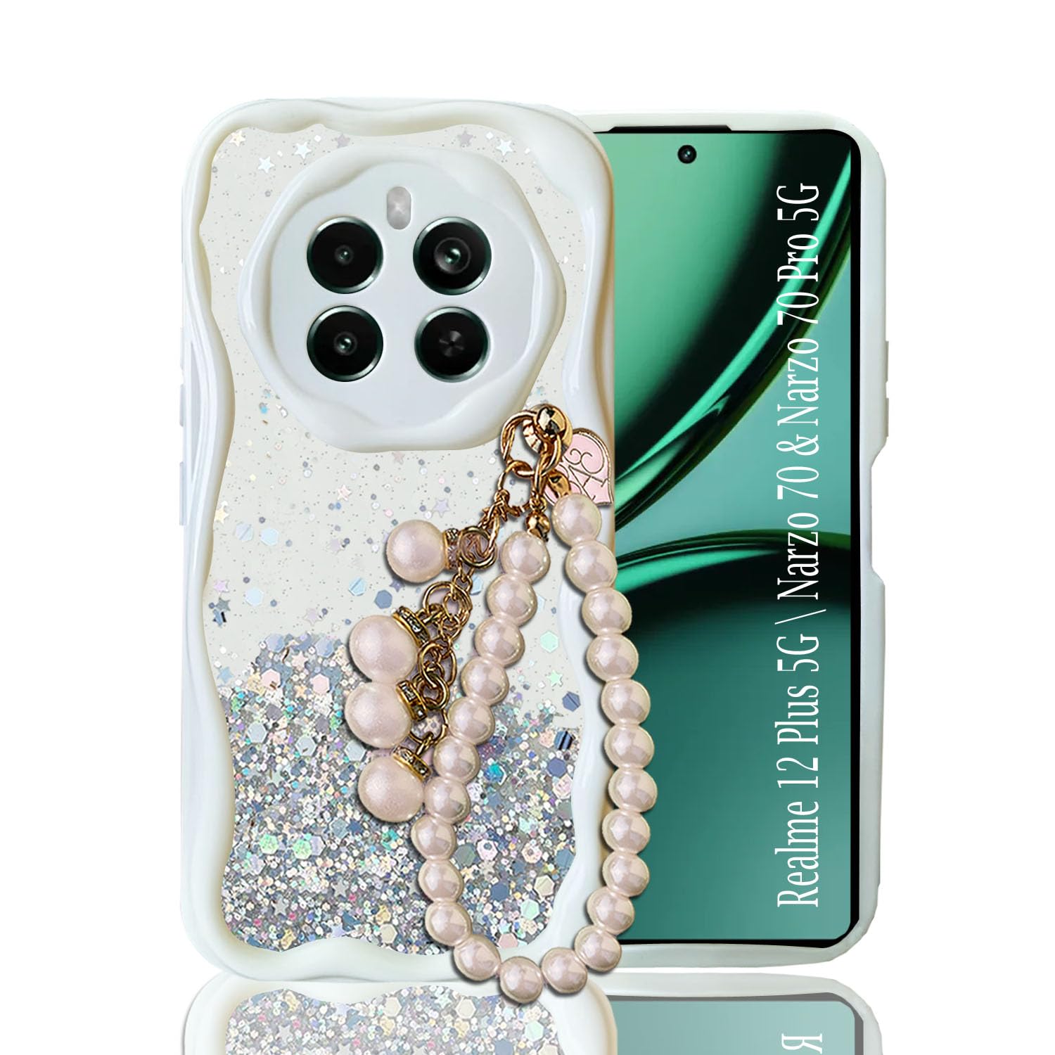 KC Back Cover for Realme 12 Plus 5G, Realme P1 5G & Narzo 70 5G - Shiny Pearl Wrist Hanging Chain Dry Fixed Glitter Curly Wave Shape Shockproof Soft Silicone Case with Camera Protection (White) (B0DF4WBSS4) Amazon Price History, Amazon Price Tracker