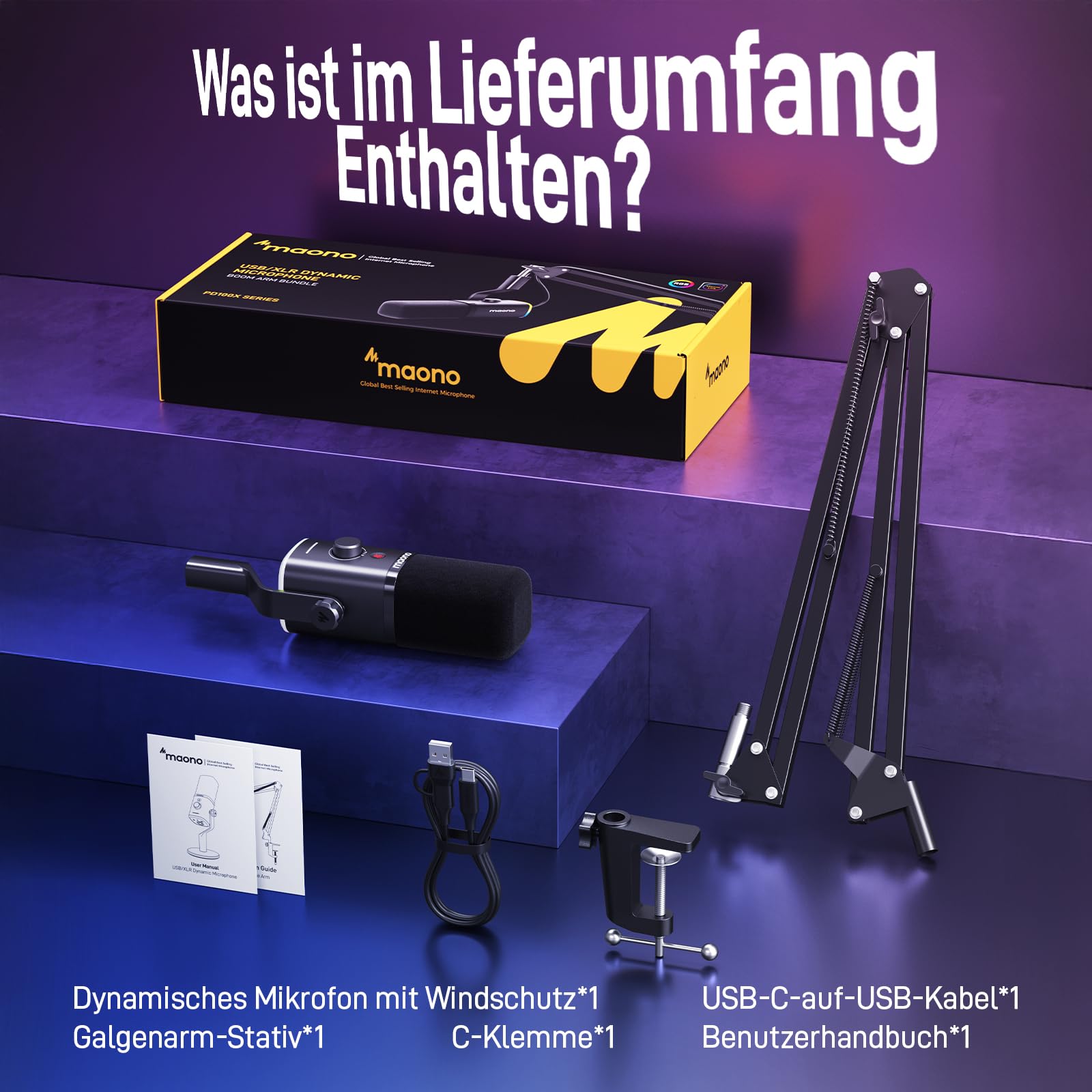 MAONO XLR-USB Streaming Mikrofon mit Arm: Dynamisches Mikrofon mit Software, Stummschalttaste, Gain-Regler, für Podcast, PC Gaming, Aufnahme, YouTube-Inhaltserstellung, Chat, PS4-5 Mac Mixer (PD100XS)