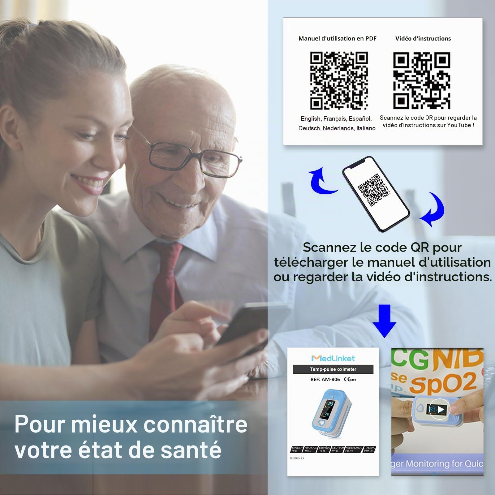 AM801 Saturomètre Oxymètre de Doigt Professionnel Certifié, Pulsomètre Cliniquement Validé, 5 en 1 Mesure de l'Oxygène Sanguin, Température, Fréquence Cardiaque, PI, PPG, Certifié CE0123