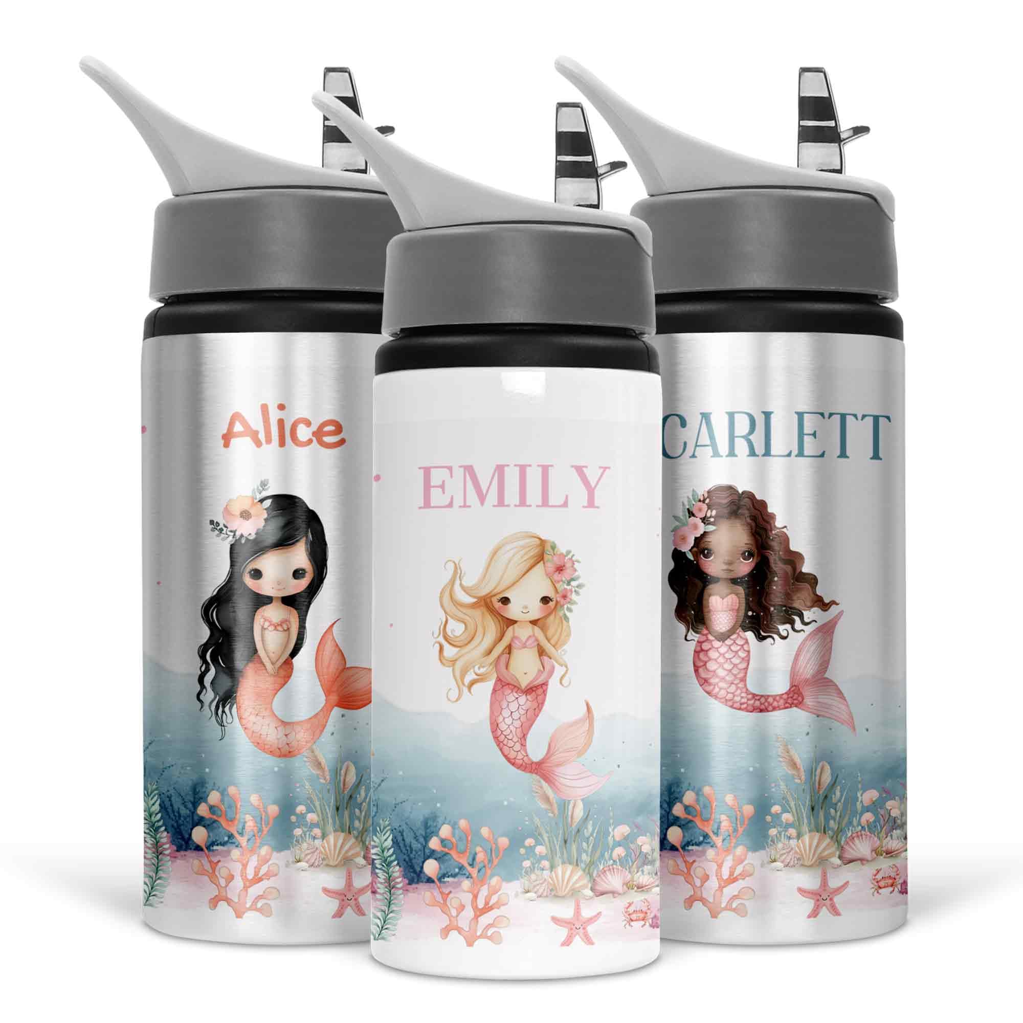 Personalised Mermaid Water Bottle with Name – Kids BPA Free Aluminium Drink Bottle, Leak Proof, Flip Spout with Straw Lid, Easy Clean with Carry Handle, School, Sports, Travel & Everyday Use, 600ml