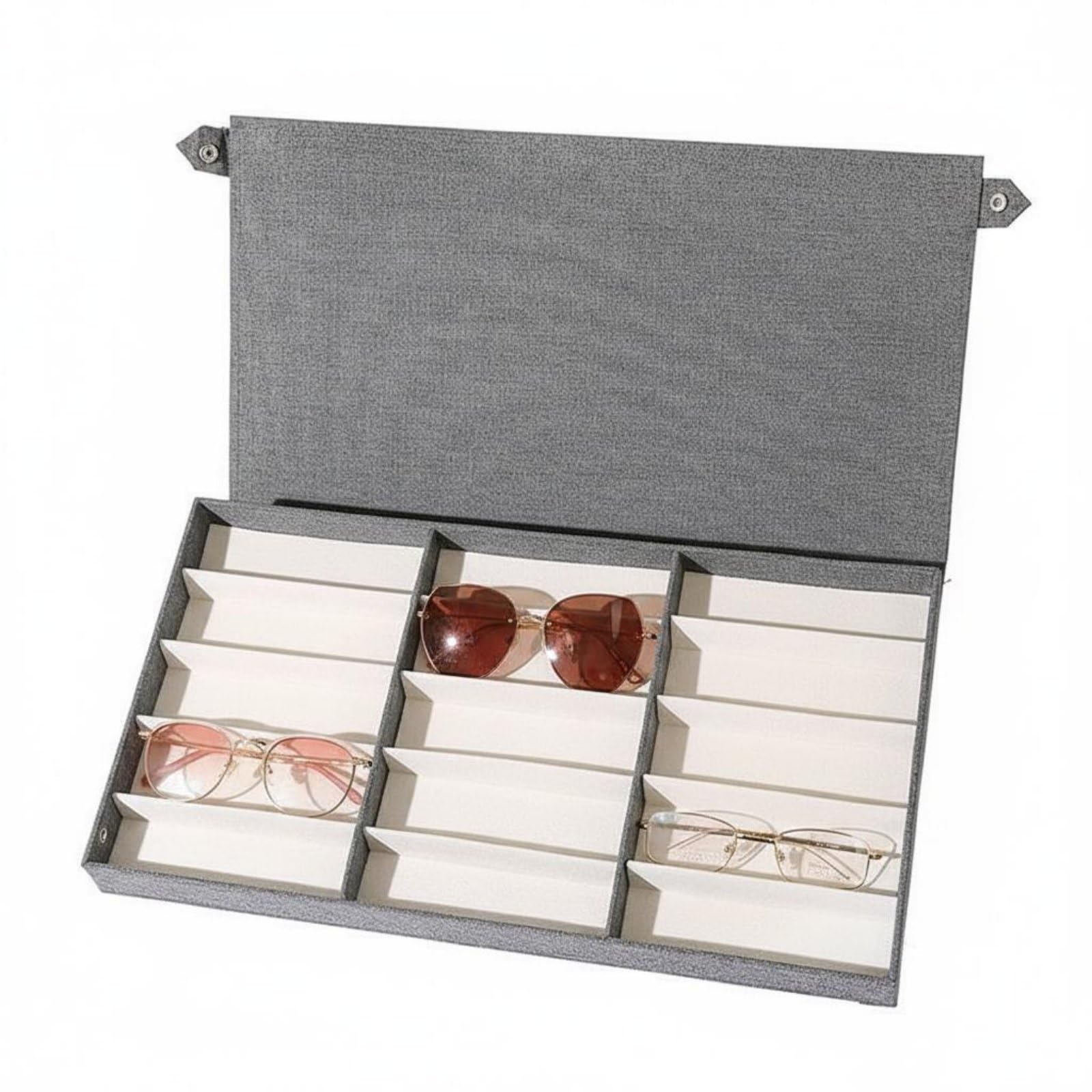 SNAPPSY Soft Material Lining 15 Slot Glasses Case Dust-Proof Eyeglasses Display Case Snap Button Closure Eyewear Collection Box for Closet, Travel, Gray-image-21