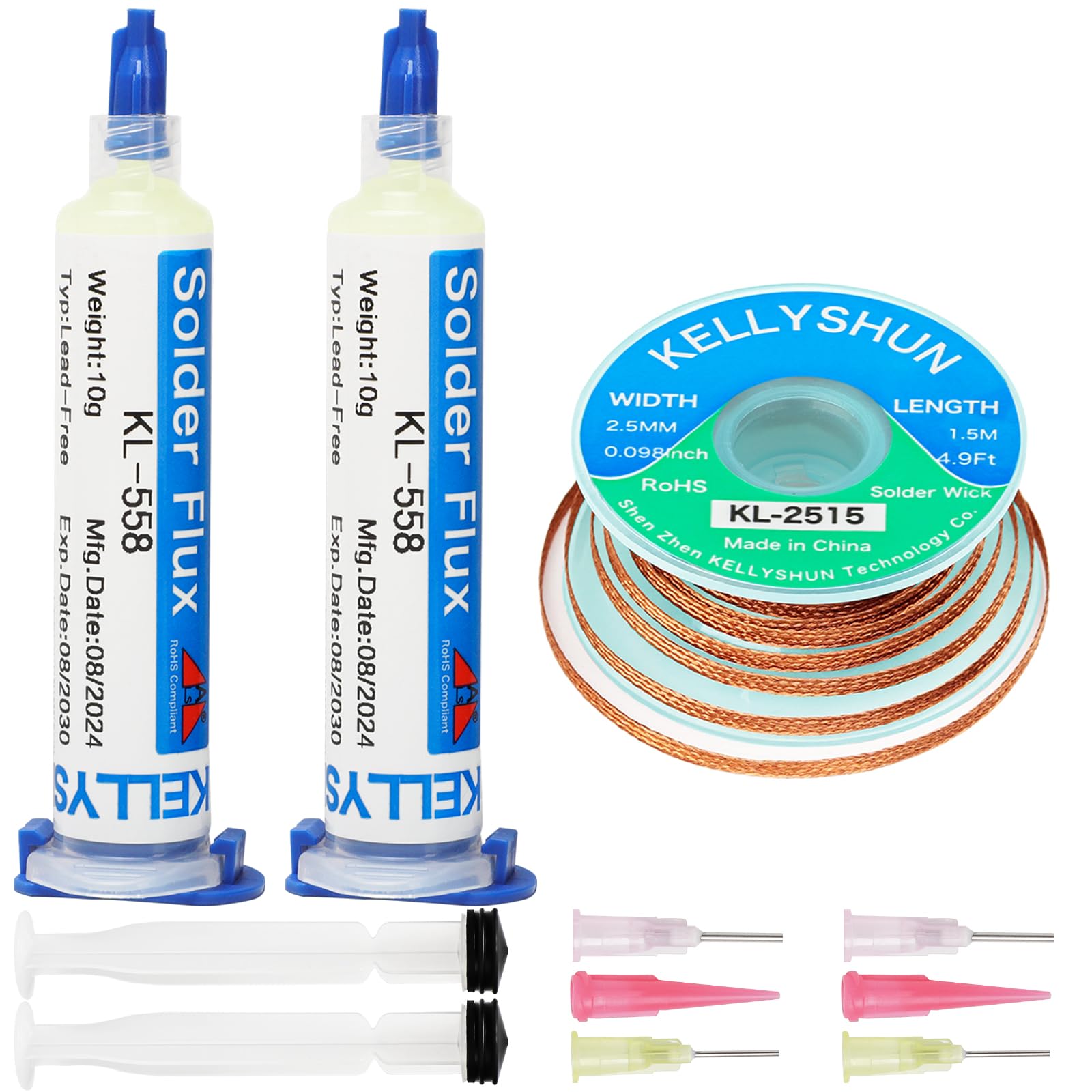 KELLYSHUN KL-652 Flussmittel Löten,No-Clean Bleifreies Kolophonium Flussmittel (1 Stück) 2.5MM/3M Entlötlitze(1 Stück) Geeignet Für Handy-Lötungen,BGA,Haushaltsgerätereparaturen