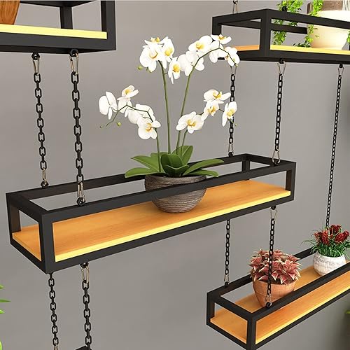 Miniatura 3 de Estante de vino de techo de 5 piezas para cocina, estante colgante de pared de madera maciza, soporte de exhibición de arte de hierro montado en la