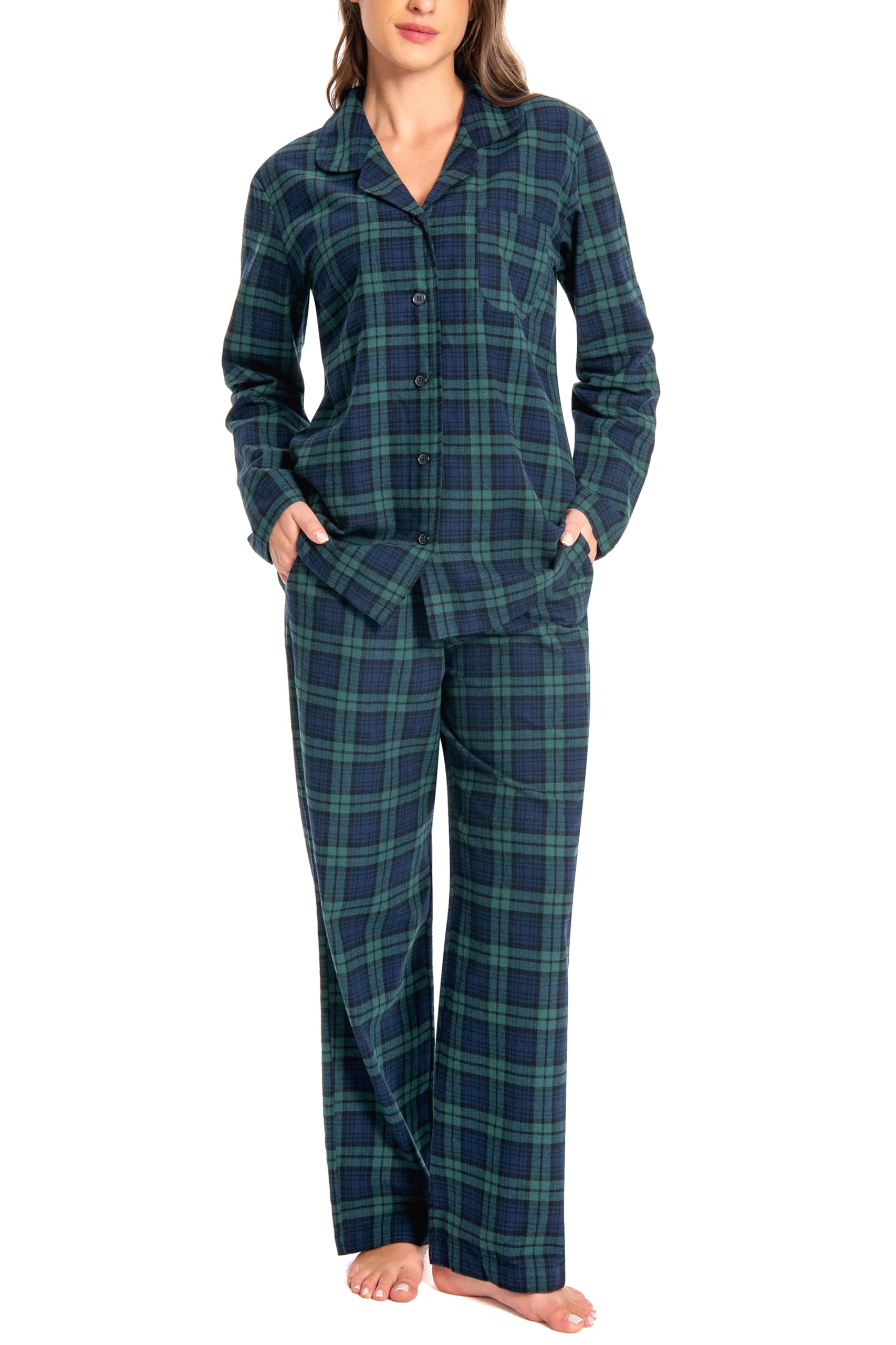 Nutria Schlafanzug Damen 100% Baumwolle Flanell Pyjama Set Langarm Oberteil mit Offenem Kragen Knöpfe Lang Unterteil Winter Nachtwäsche Loungewear V-Ausschnitt Shirt und Hose D06