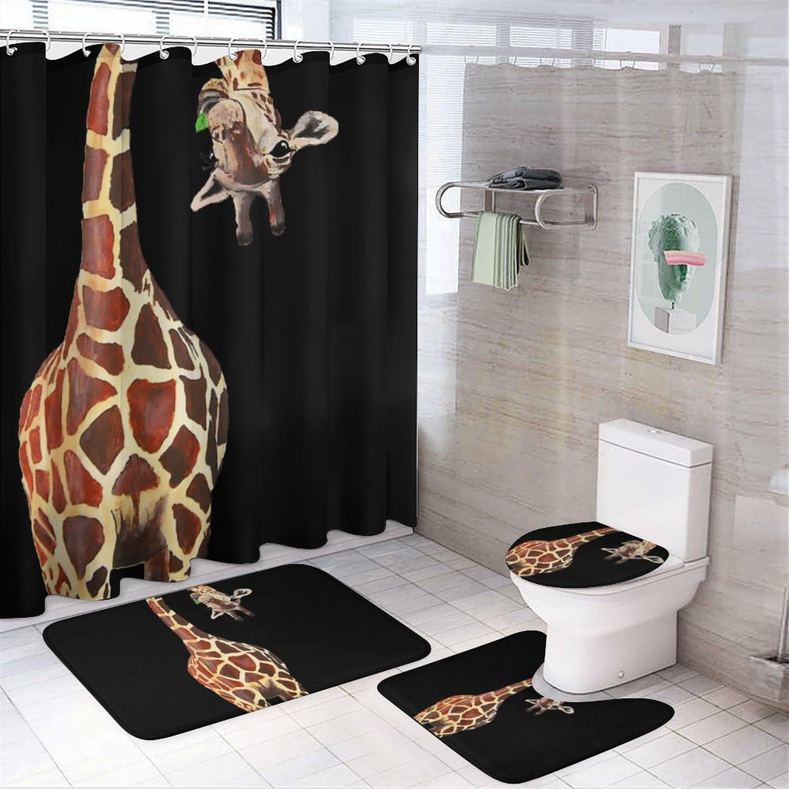Giraffe 4 Pcs Shower Curtain Set Bathroom Sets with Rugs Toilet Lid Cover Bath Mat Bathroom Decor