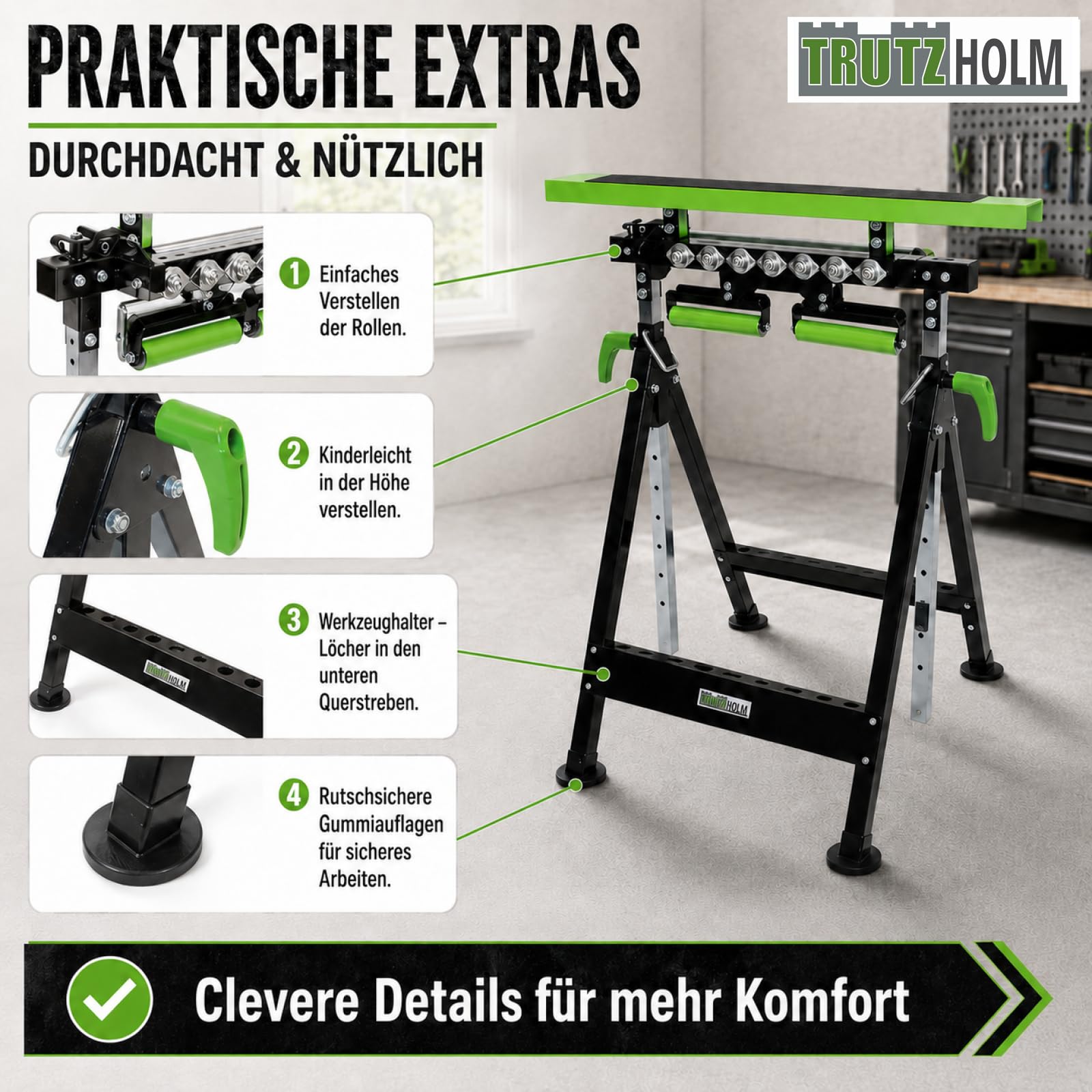 TRUTZHOLM 2x Multifunktions-Arbeitsbock Rollenbock höhenverstellbar Klappbock V-Rollen klappbar 200 kg Werktisch 4in1 platzsparend