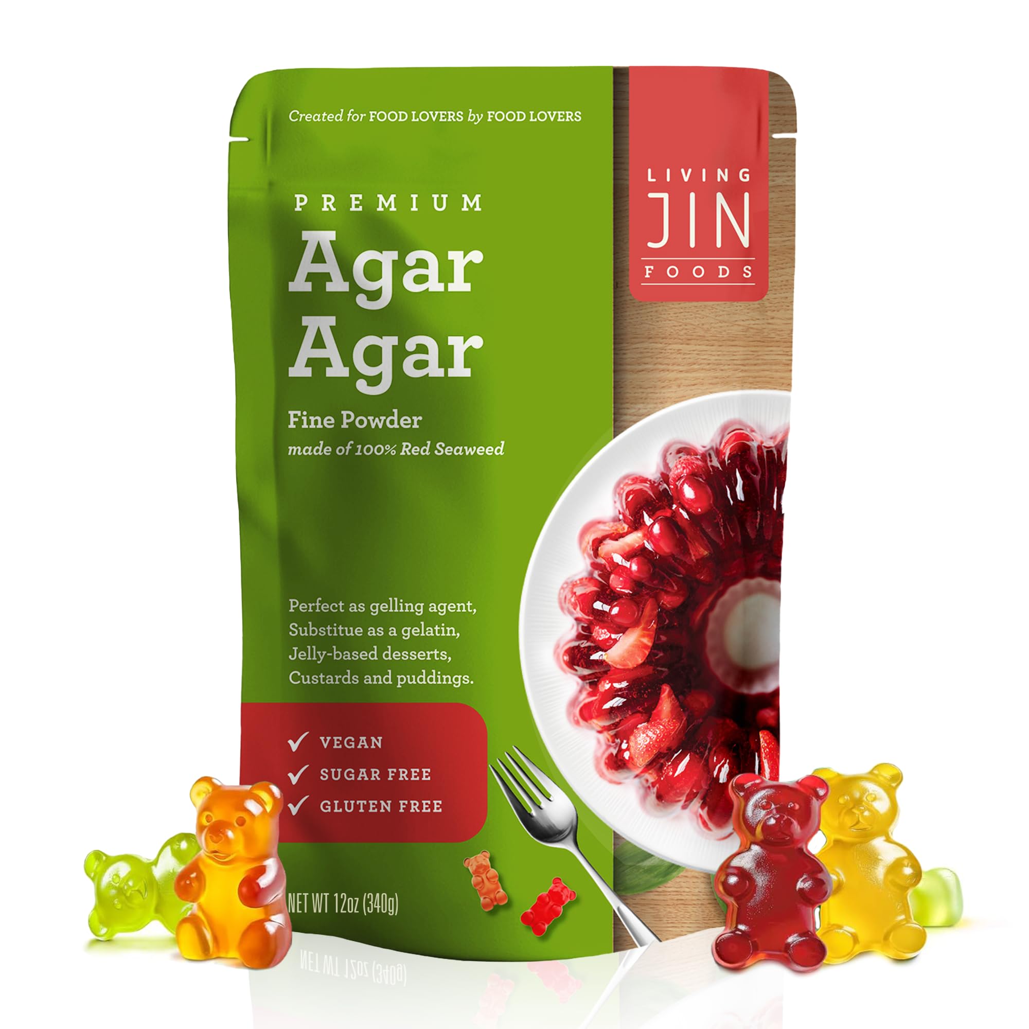 LIVING JIN Agar Agar Powder, 12 oz. Plant-Based Gelatin Powder, Vegan Agar Agar, Vegan Jello, Sugar-Free, 100% Natural Red Algae