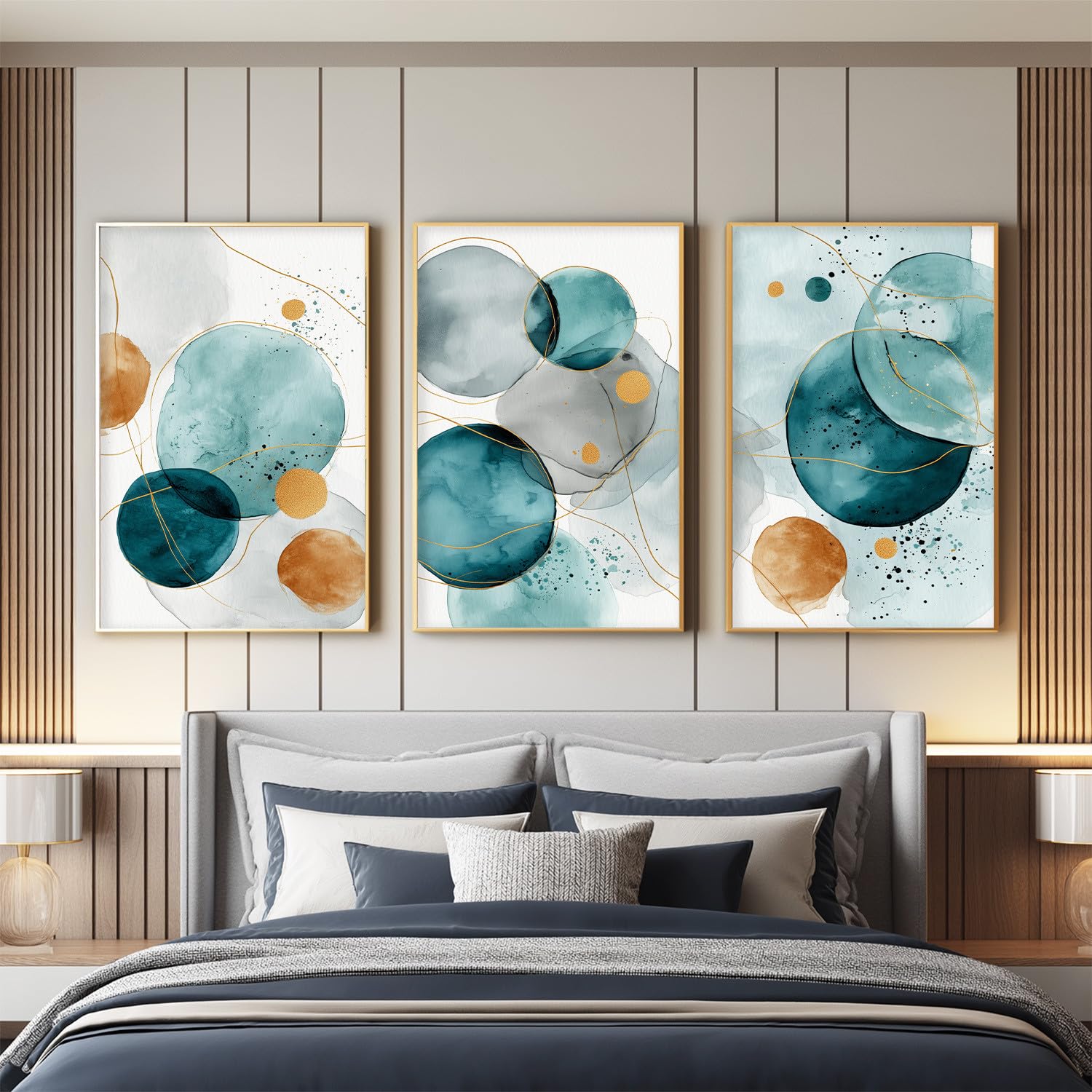 3er Set Wandbild Leinwand, Abstract Watercolour HD-Druck Poster auf Leinwand Wandkunst, Luxus Exquisit Gold Dunkles Petrol Rund Punktmuster Wanddeko für Wohnzimmer Schlafzimmer und Büro, 50 x 70 cm
