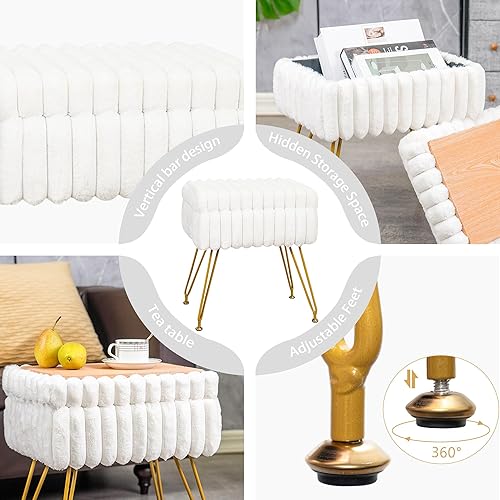 Miniatura 6 de Taburete de tocador de piel sintética blanca con otomana de almacenamiento, silla de tocador para sala de maquillaje, taburetes de tocador para