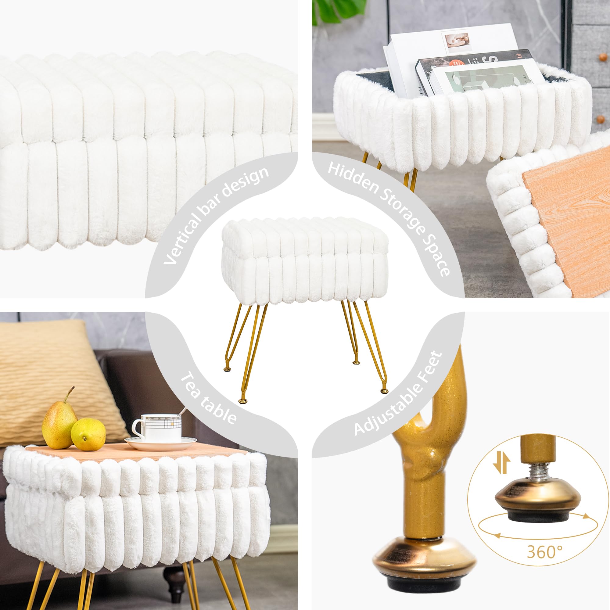 Taburete de tocador de piel sintética blanca con otomana de almacenamiento, silla de tocador para sala de maquillaje, taburetes de tocador para dormitorio, reposapiés con patas de metal y 5