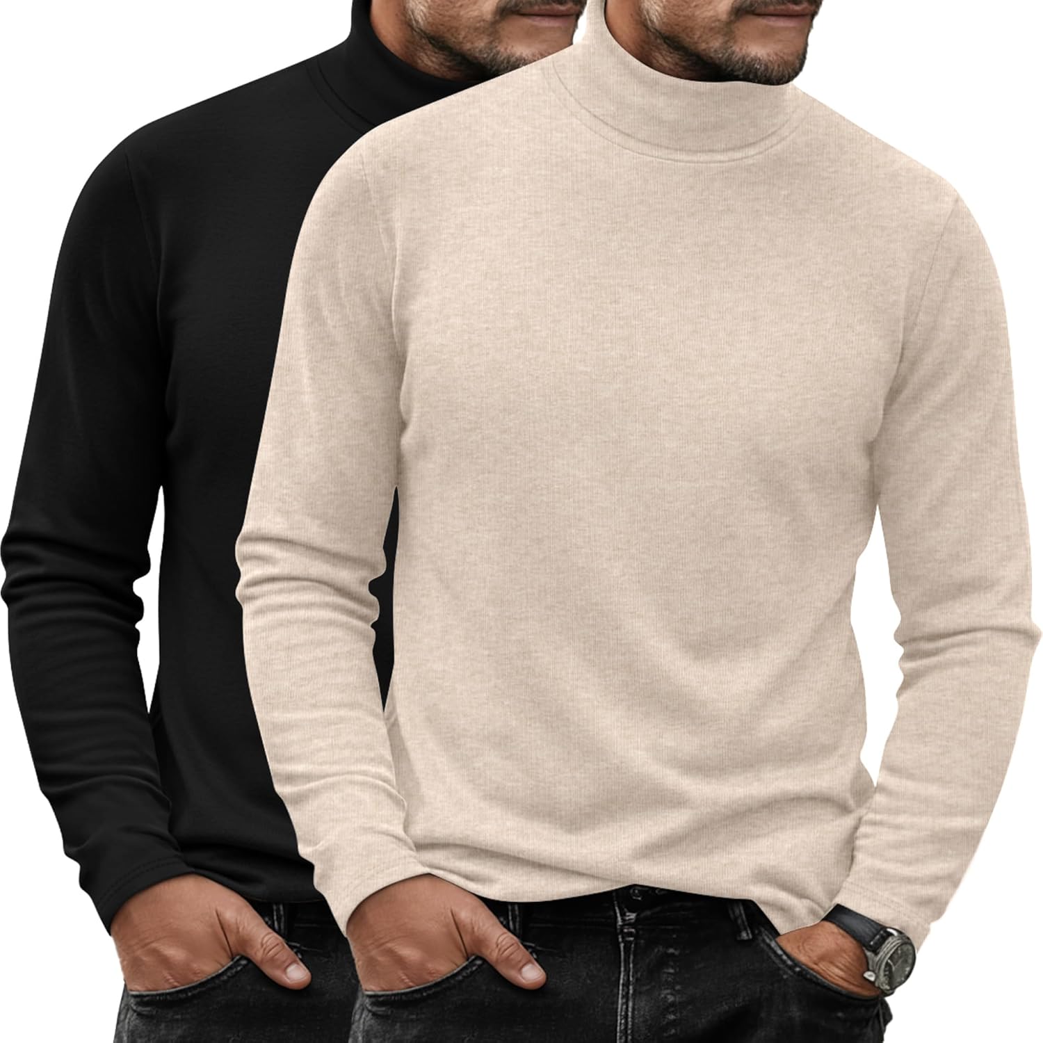 Ficerd 2 Pack Men's Turtle Neck Shirts, Lightweight Cotton Pullover Sweater Slim Fit Mock Turtleneck Knitted Long Sleeve Tops