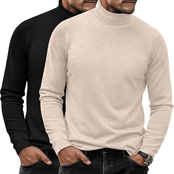 Ficerd 2 Pack Mens Turtle Neck Shirts, Lightweight Cotton Pullover Sweater Slim Fit Mock Turtleneck Knitted Long Sleeve Tops