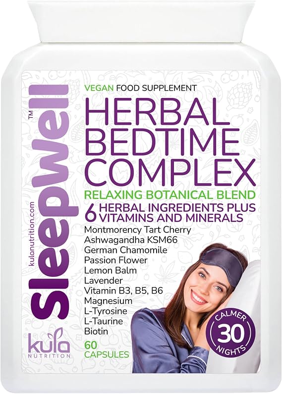 SleepWell - Herbal Sleeping Tablets for Adults - Enjoy 30 Calm Nights - Natural Magnesium Sleep Complex - Passion Flower, L-Tyrosine, Lemon Balm, Lavender, Chamomile, Vitamin B3 B5 B6 B7 – 60 Capsules