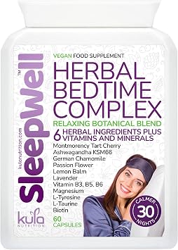 SleepWell - Herbal Sleeping Tablets for Adults - Enjoy 30 Calm Nights - Natural Magnesium Sleep Complex - Passion Flower, L-Tyrosine, Lemon Balm, Lavender, Chamomile, Vitamin B3 B5 B6 B7   60 Capsules