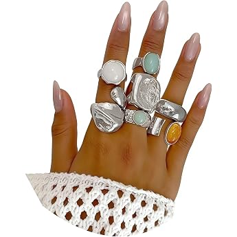 7 Piece Set Chunky Square Silver Rings Open Statement Rings Vintage Rings with Coloured Rhinestones Personalised