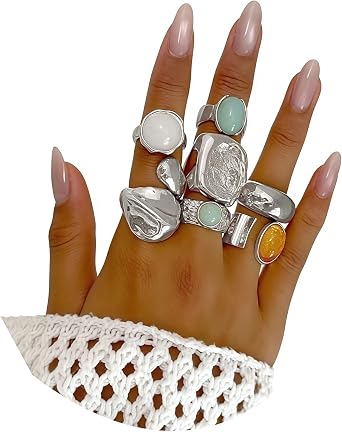 7-Piece Set of Chunky Square Silver Rings, Open Statement Rings, Vintage Rings with Coloured Rhinestones, Personalised, Jewellery Accessories as a Gift