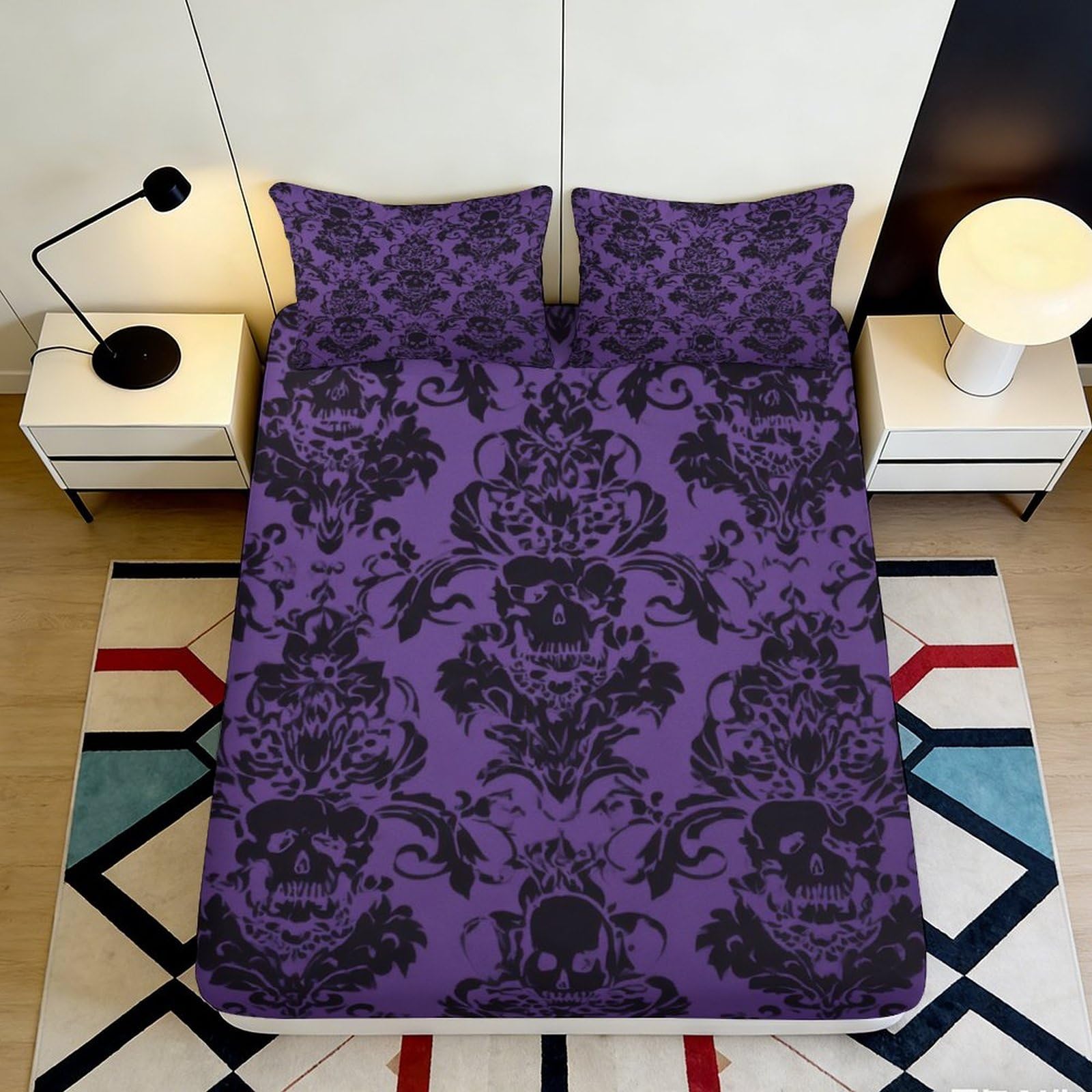 3D Printed Gothic Damask Skull Fitted Sheet Microfiber Purple Bed Cover for Bedroom Dorm Mattress Protection Decor 140x200x25cm