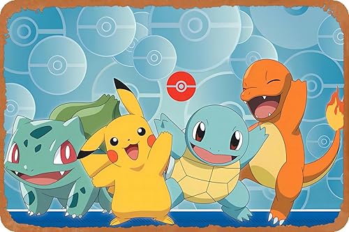 Pikachu Charmander Squirtle Bulbasaur - Póster y bar de pub, letrero de hojalata clásico vintage, arte de metal divertido para decoración de baño,