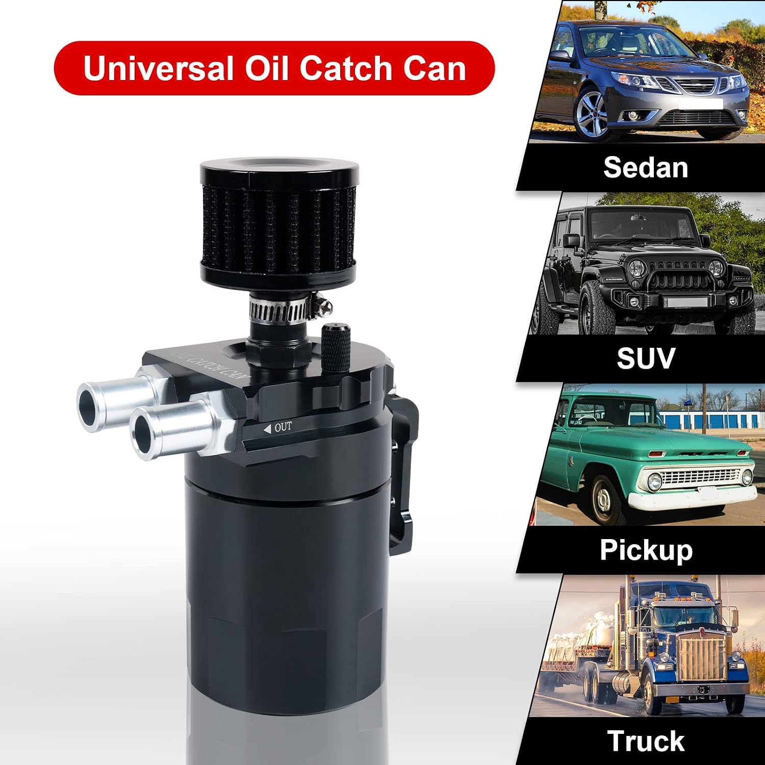 Universal Baffled Oil Catch Can Tank Kit, Separator Reservoir with Breather Filter 3/8'' Fuel Line, 300ml Aluminum Polish, Black