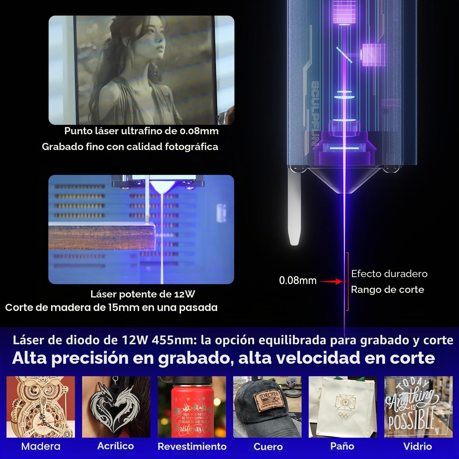 SCULPFUN iCube Ultra Dual 12W Grabador Láser, 12W Diodo & 1,2W Infrarrojo, con Autoenfoque y Filtro de Humo, Cortadora de Escritorio Cerrada para Madera, Cuero, Metales, Acrílico, 150x135mm