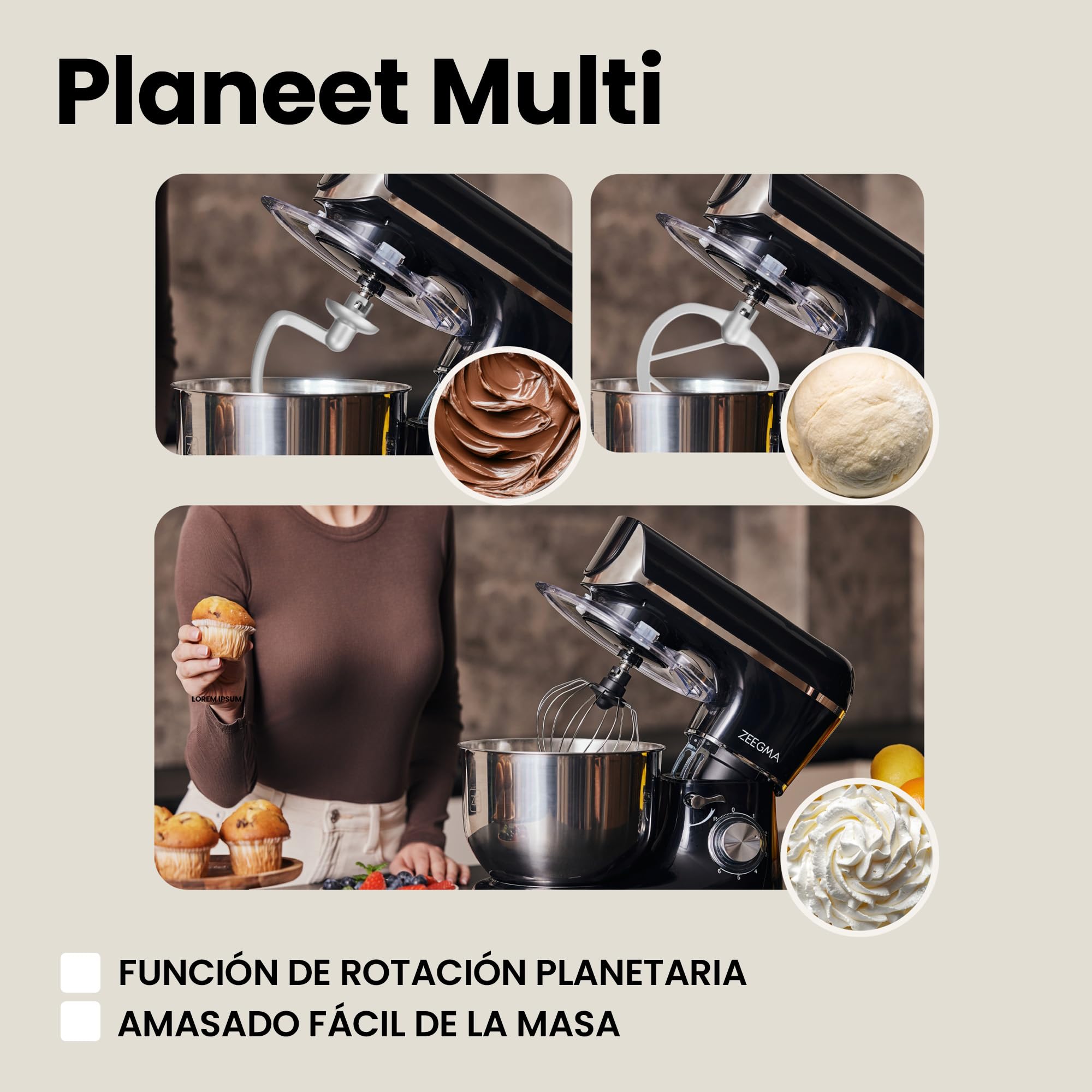 ZEEGMA PLANEET MULTI Robot de Cocina Planetario 1900W 3 en 1, Maquina Amasadora de Masa con Bol de 6,2 L con Asa y Tapa, Batidora de Vaso, Picadora Eléctrica de Carne de 6 Velocidades