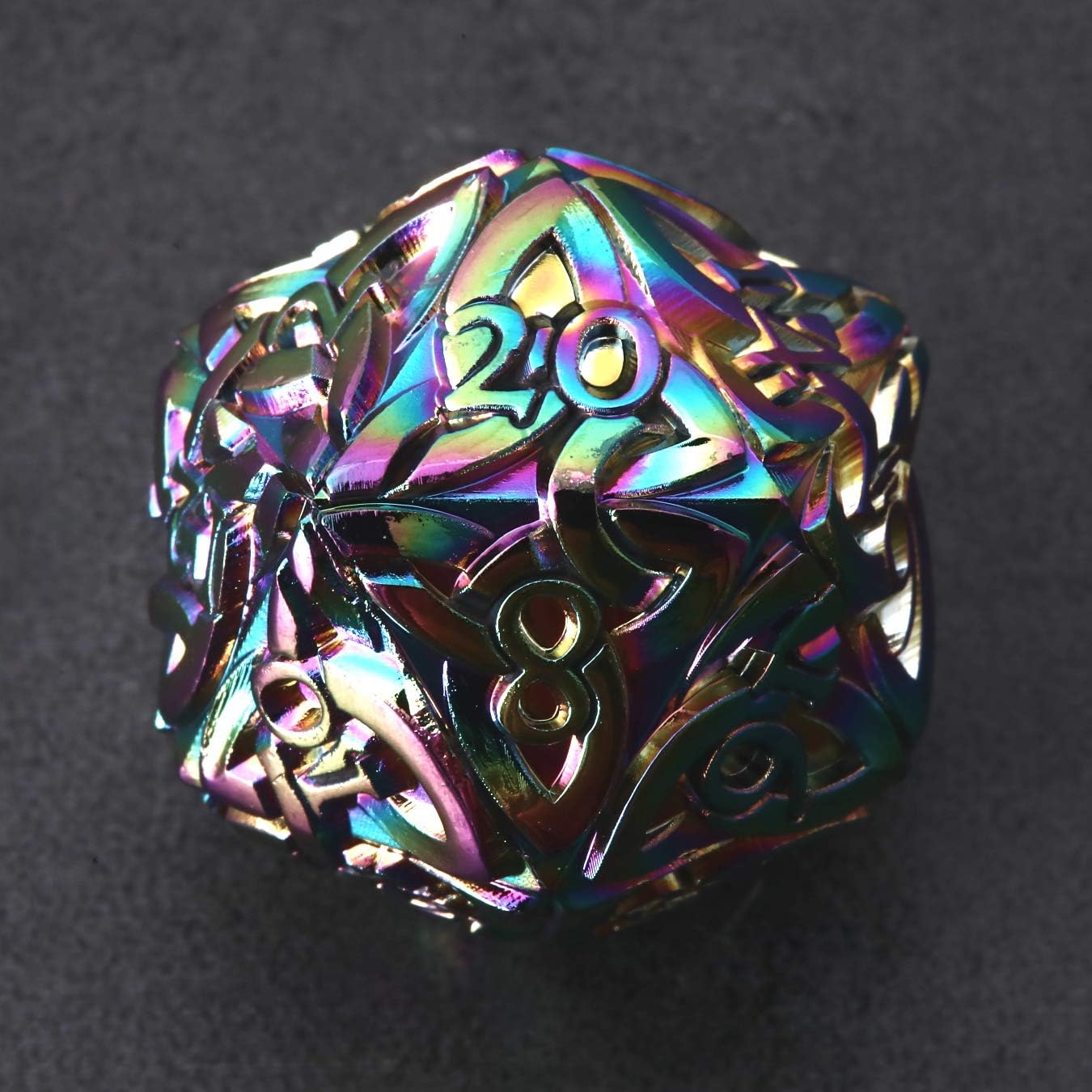 Endless Chaos Rainbow D20 Dice with Celtic Knots - Solid Metal, Extra Large, Extra Heavy - Perfect for DND, DnD5e, TTRPG, RPG, Polyhedral, Bard, Sorcerer, Wizard Dice