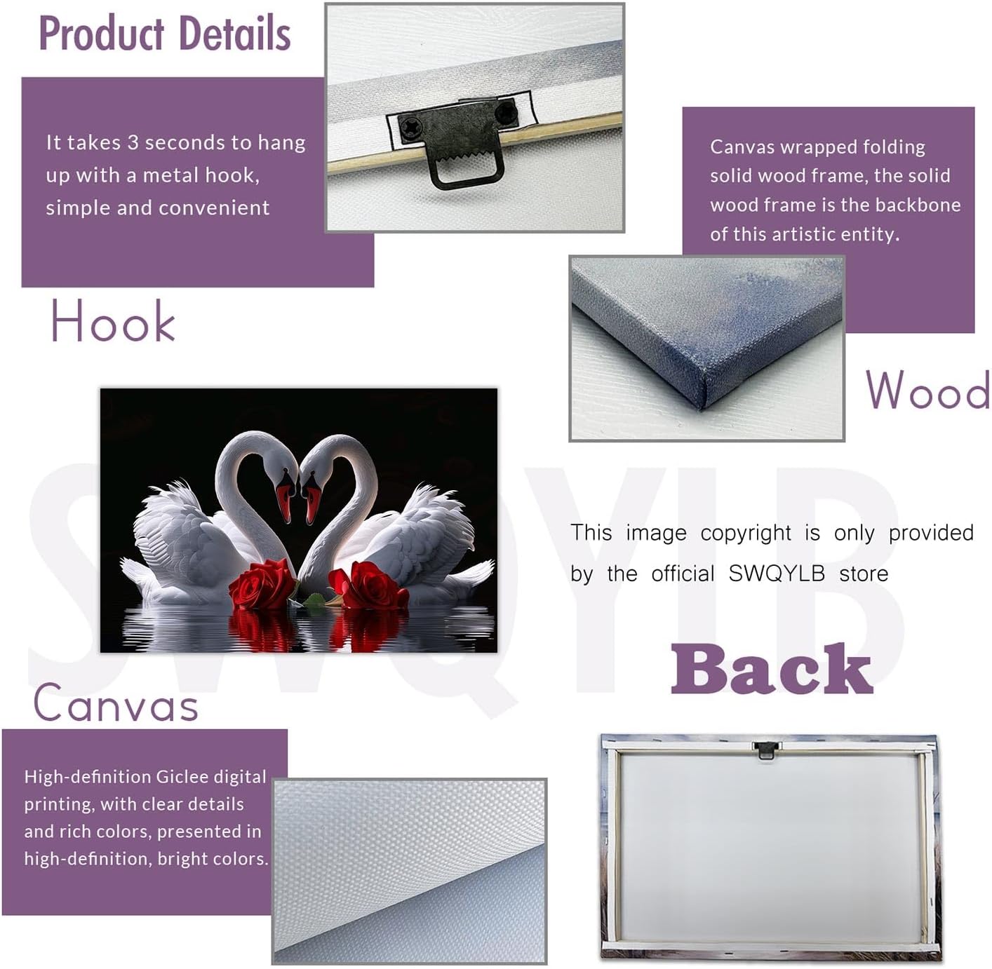 SWQYLB Romantic Swan Wall Art Swan Couple on Water Painting Two Swan Pictures Elegant Animal Canvas Prints Love Wall Decor For Bedroom Home Framed (Black, (28.00" x 42.00"))