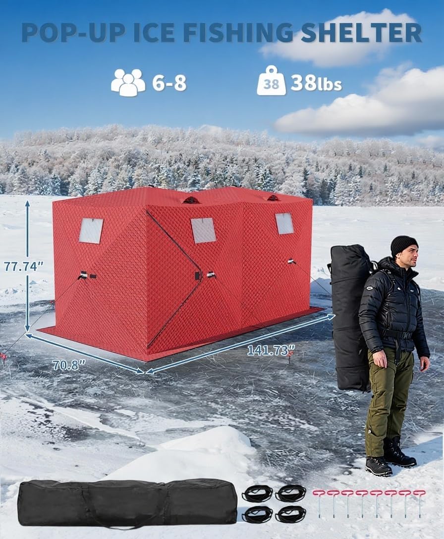 Pop-Up Ice Fishing Tent, 6-8 Person Portable Hub-Style Insulated Ice Fishing Shelter with Carrying Bag, Zippered Door, Wind Rope & Anchors, for Winter Ice Fishing