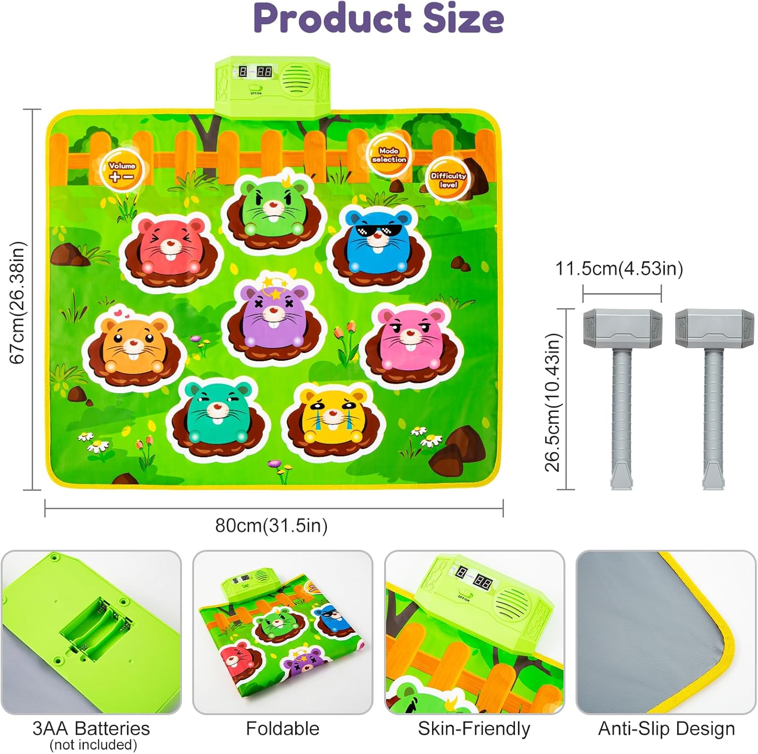 HmiL-U Whack-A-Mole Game Mat for Kids – 8 Modes, 2 Hammers, LED Lights, Piano Mat Multiplayer Fun Musical Mat for Boys & Girls Interactive Educational Toy Christmas Birthday Gifts for Toddlers