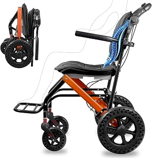 Wheelchairs for Adults,Transport Wheelchair Lightweight Foldable with Removable Cushion，Ergonimic Travel Wheelchair with Rotate Handle，Gifts for Elderly（Orange）
