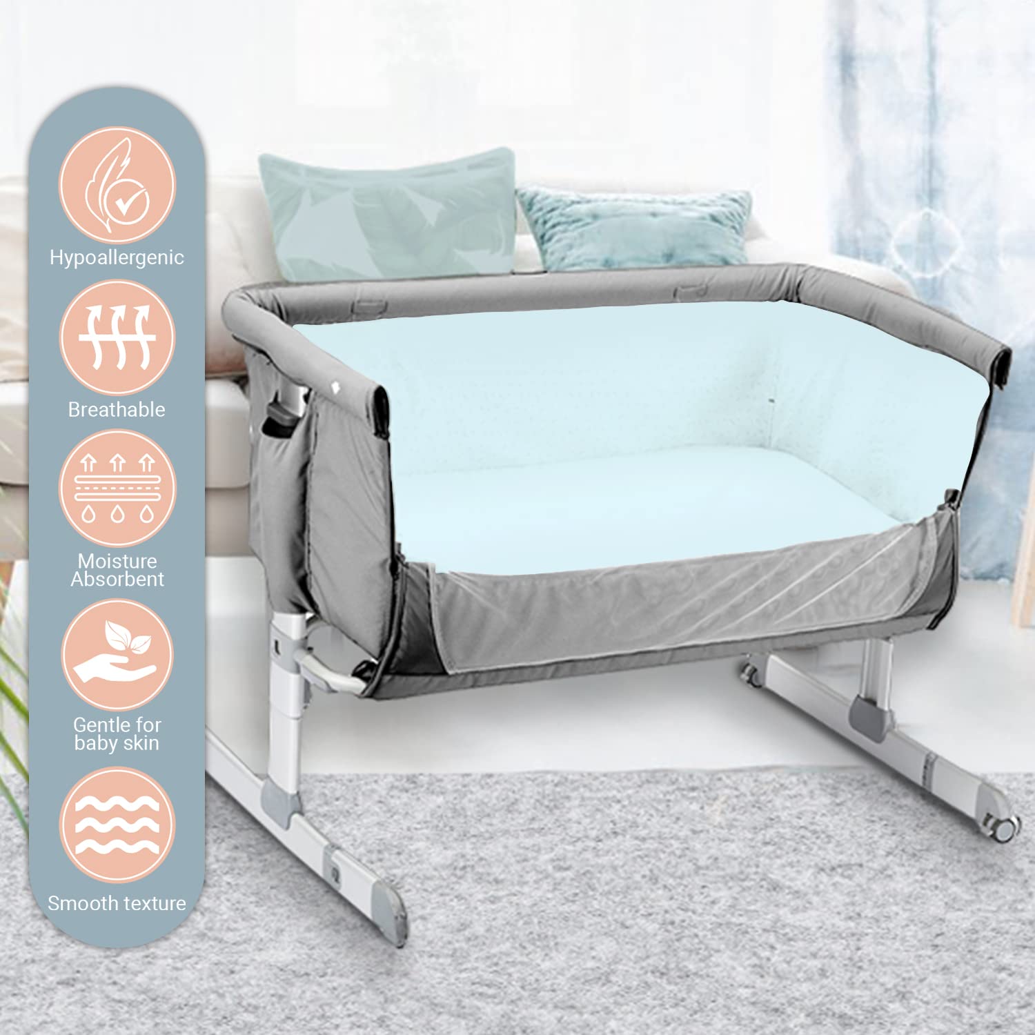 Pizuna 100% Cotton Fitted Travel Sheet Baby Blue, 400 Thread Count Long Staple Cotton Fitted Travel Sheet 60x120 cm - Image 2