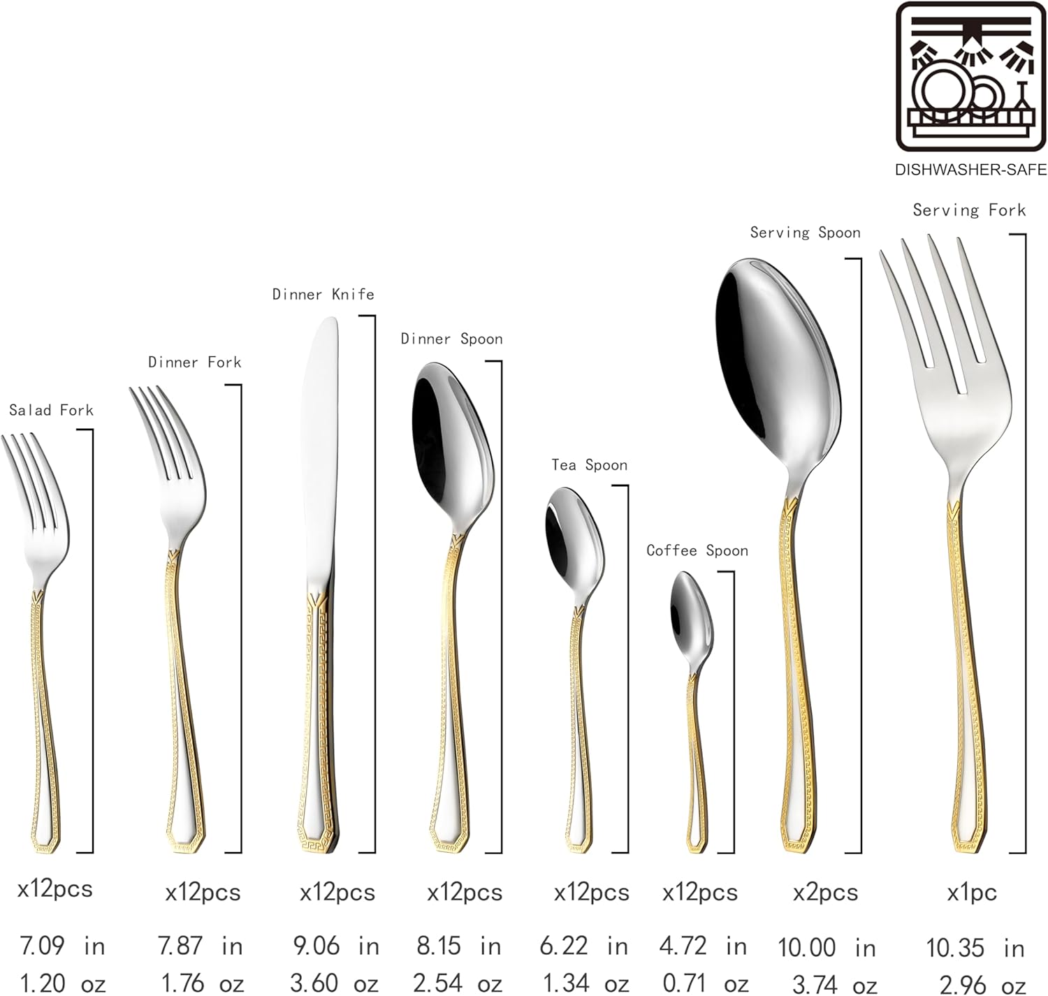 Gold Flatware Serving Set, "Greek Medusa" 75-Piece Dining Service for 12, 18/10 Premium Surgical Stainless Steel, 24K Gold-Plated Trim, Silverware Cutlery Hostess Set, Wood Storage Case (Greek)
