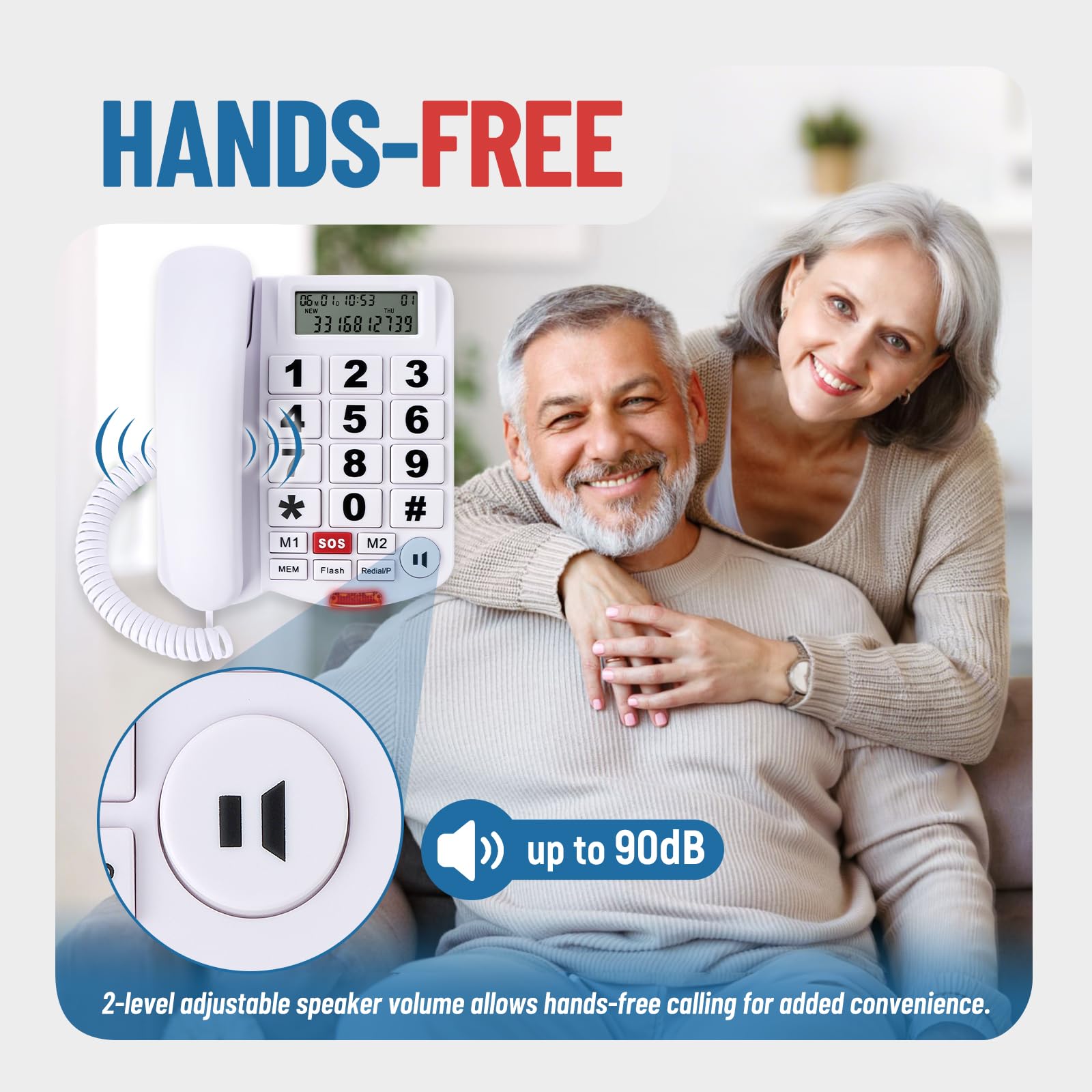 Uvital - Telefono fisso con cavo per anziani, con ID chiamante, 2 pulsanti one-touch e pulsante di emergenza SOS, vivavoce, suoneria forte, telefoni fissi senior per casa/ufficio/hotel, bianco