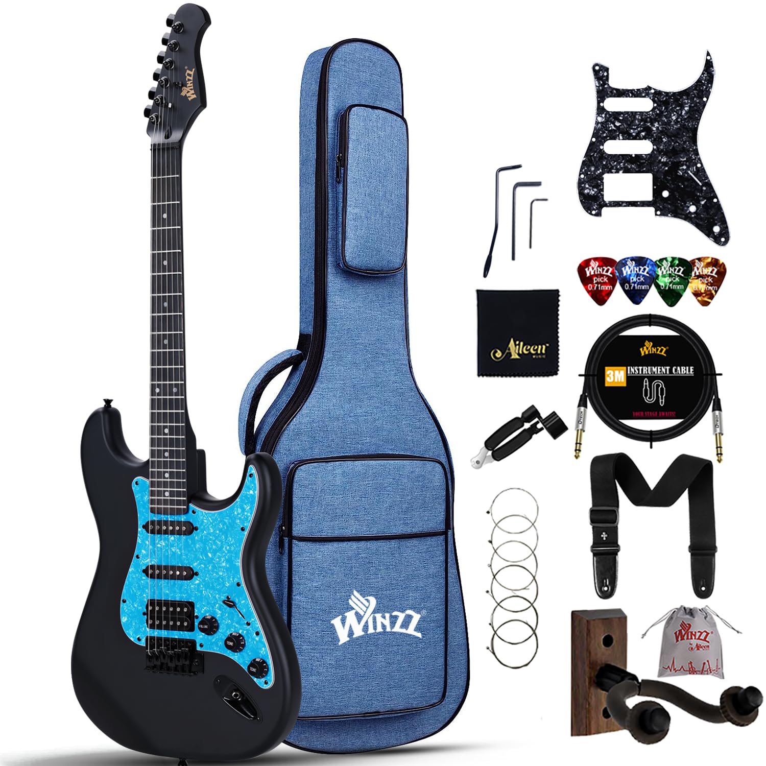 Winzz Erwachsene E-Gitarre 4/4 Größe, ST HSS Tonabnehmer, für Anfänger Starter Paket mit 12 Zubehör, Ideal Kinder E-Gitarre Kit 12+ Jahre (39" Matte Schwarz, Blau Schlagbrett)