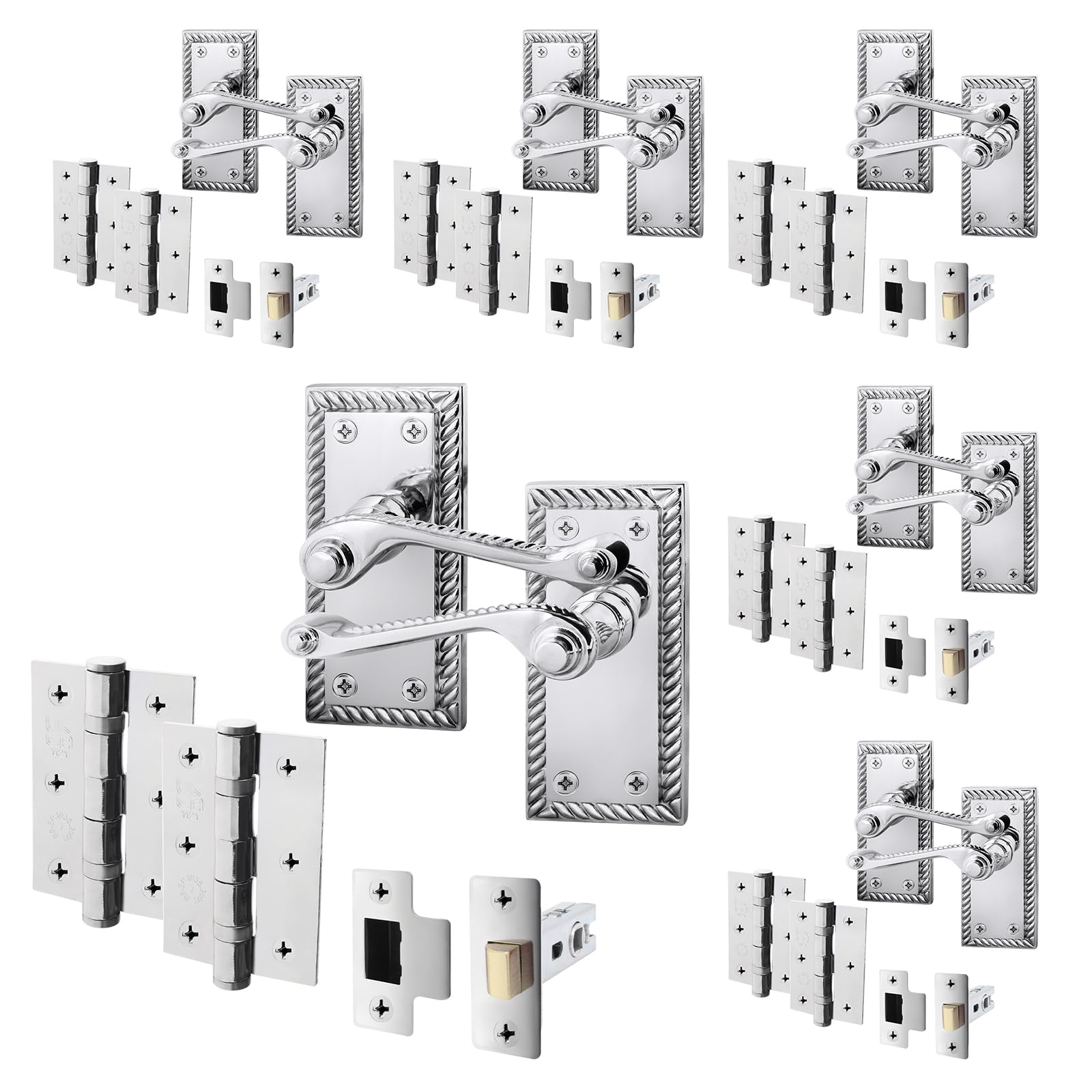 Eai Polished Chrome Georgian Scroll Door Handle Latch Set - 4 Pairs Internal Handles, Hinges (76Mm) & Latch (64Mm) - Rope Design