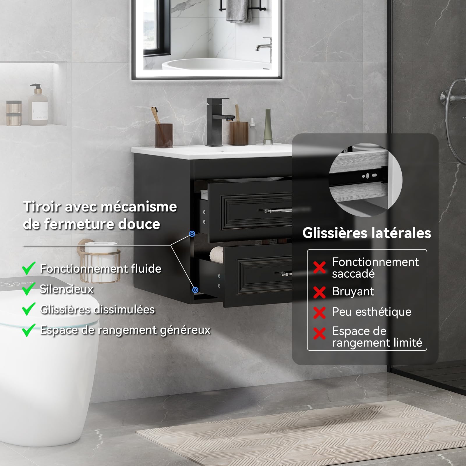 YU YUSING 60 cm Ensemble de Meuble de Salle de Bain Suspendu - Lavabo Céramique Blanc Incrusté, Robinet Noir, 2 Grands Tiroirs à Fermeture Douce, Design Moderne, Blanc et Noir, pour Espace Réduit
