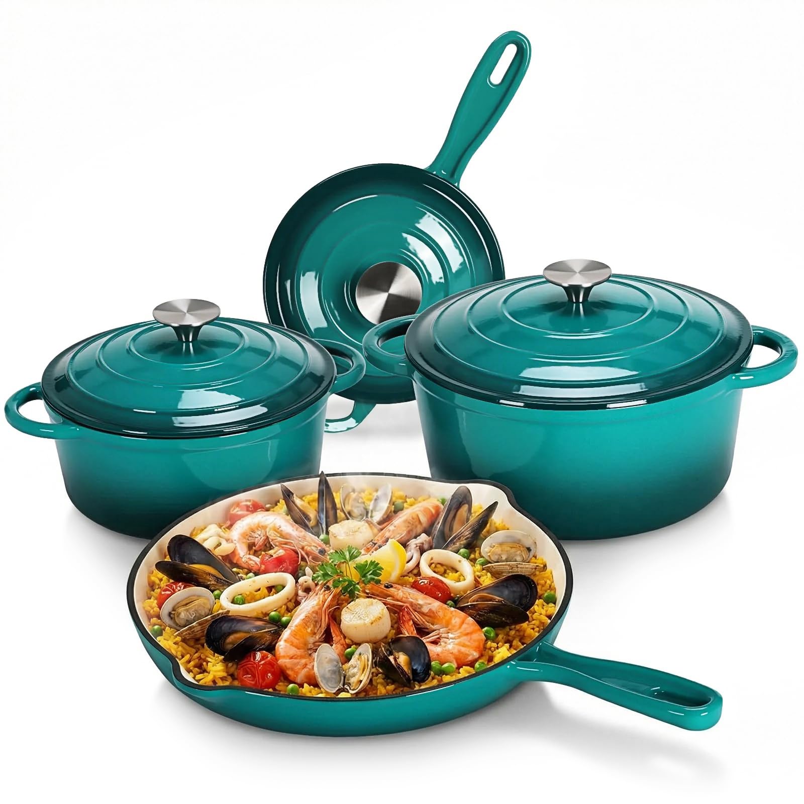 LIFERUN Enameled Cast Iron Cookware Set, 7Pcs