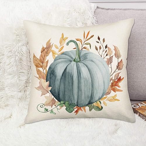 Miniatura 2 de Xihomeli Fundas de almohada de calabaza azul otoñal de 18 x 18 pulgadas, diseño de acuarela de calabaza y hojas de arce, fundas de almohada
