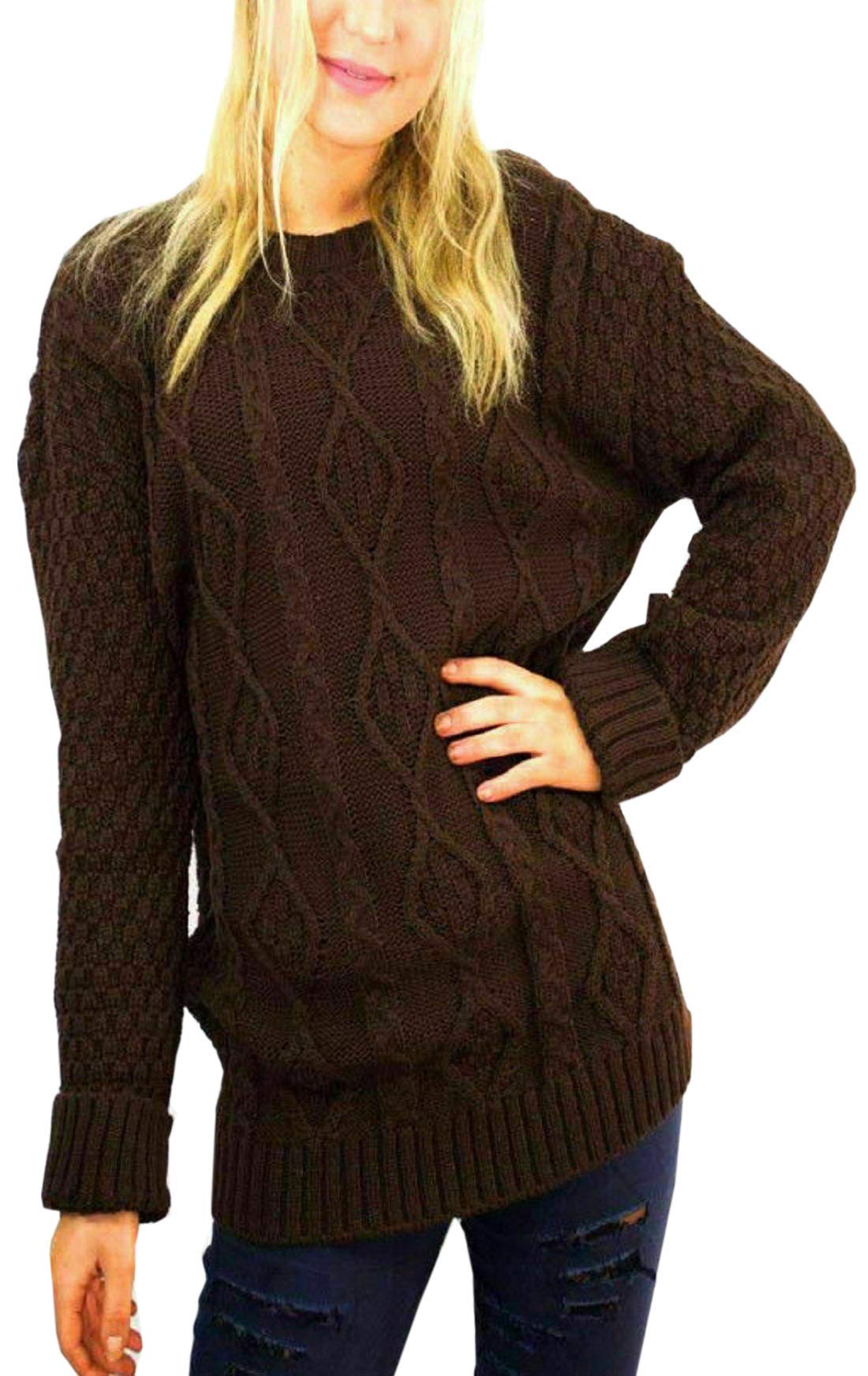 METLUQ M0D4 New Ladies Long Sleeve Chunky Cable Knitted Jumper Crew Neck Winter Sweater Top (Brown, UK 12-14)