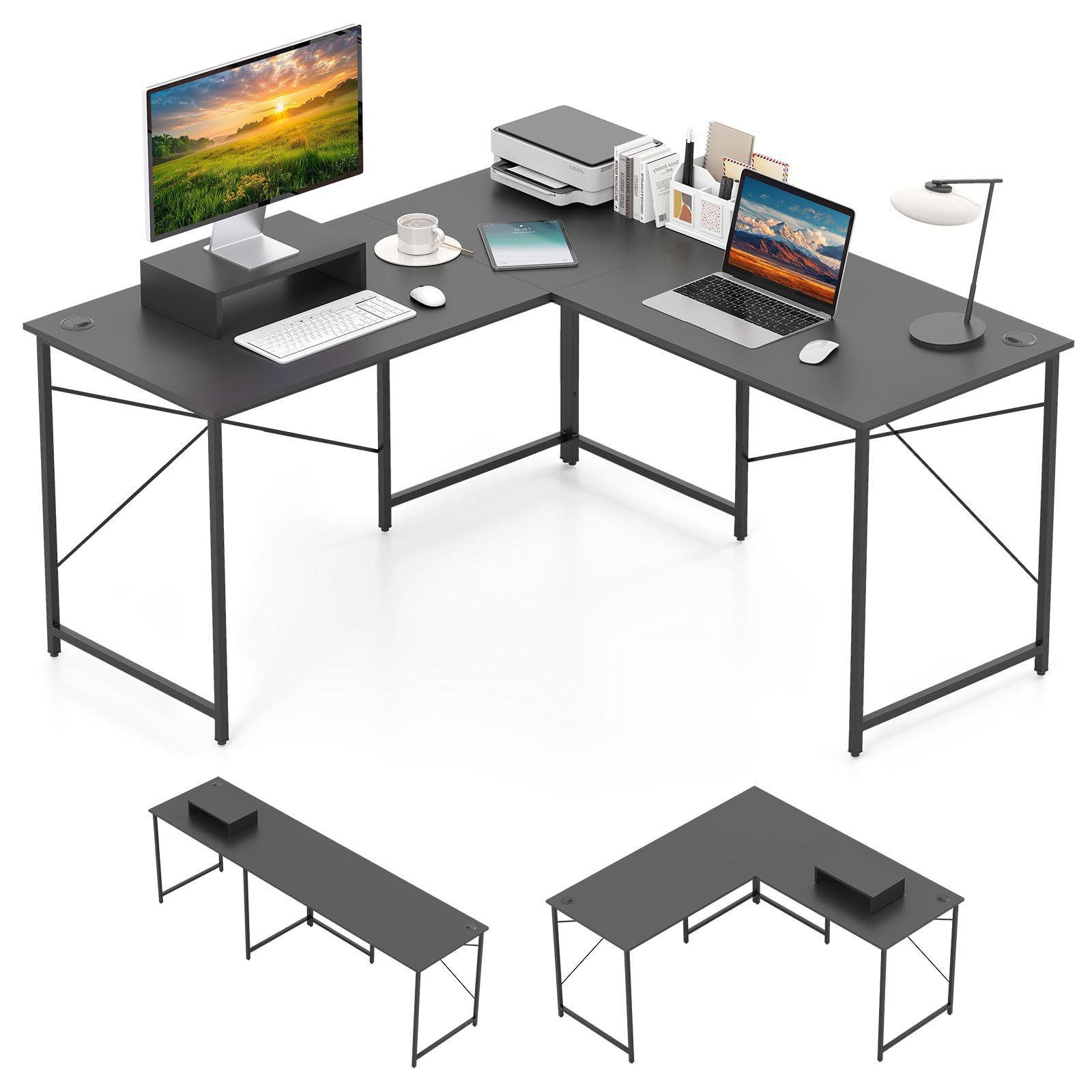 COSTWAY L-Shaped Computer Desk, 240cm Reversible Double Study Writing Workstation with Monitor Stand, Large Long Corner Home Office Desk Wooden PC Laptop Gaming Table for 2 Person (Grey)