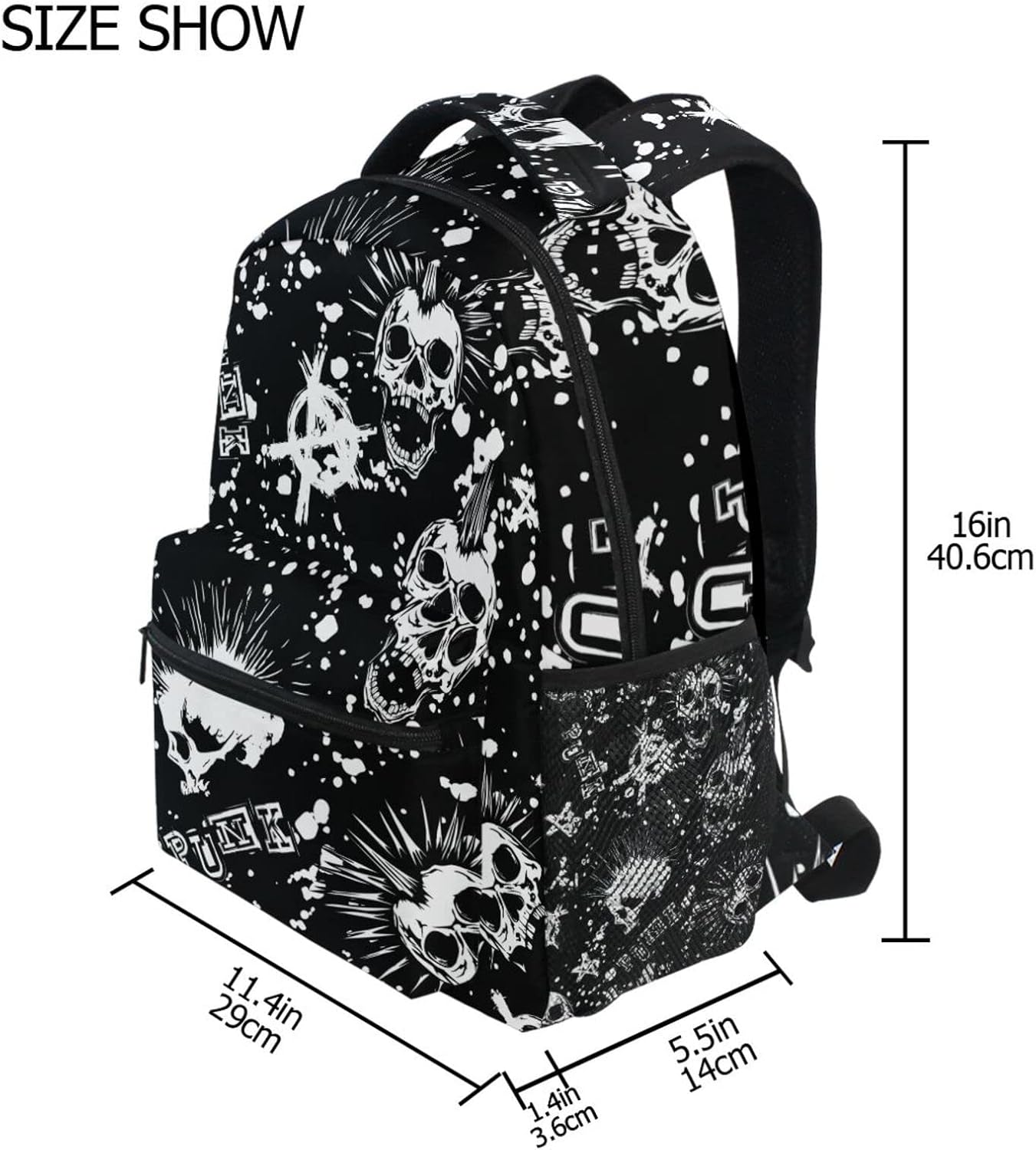 White Punk Skull Mohawk Hair Black Vintage Backpacks Bookbags Daypack Travel School College Bag for Womens Mens Boys image 3