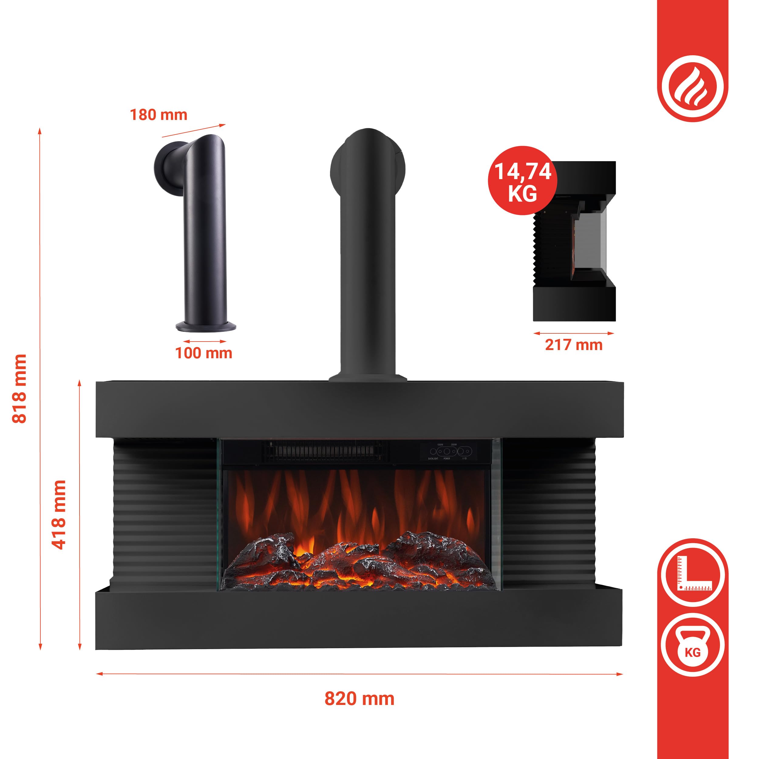 KAMINIO Camino elettrico LIZ con tubo del camino- Caminetto da parete con riscaldamento, effetto fiamma 3D, luce ambiente a LED, telecomando (Nero)