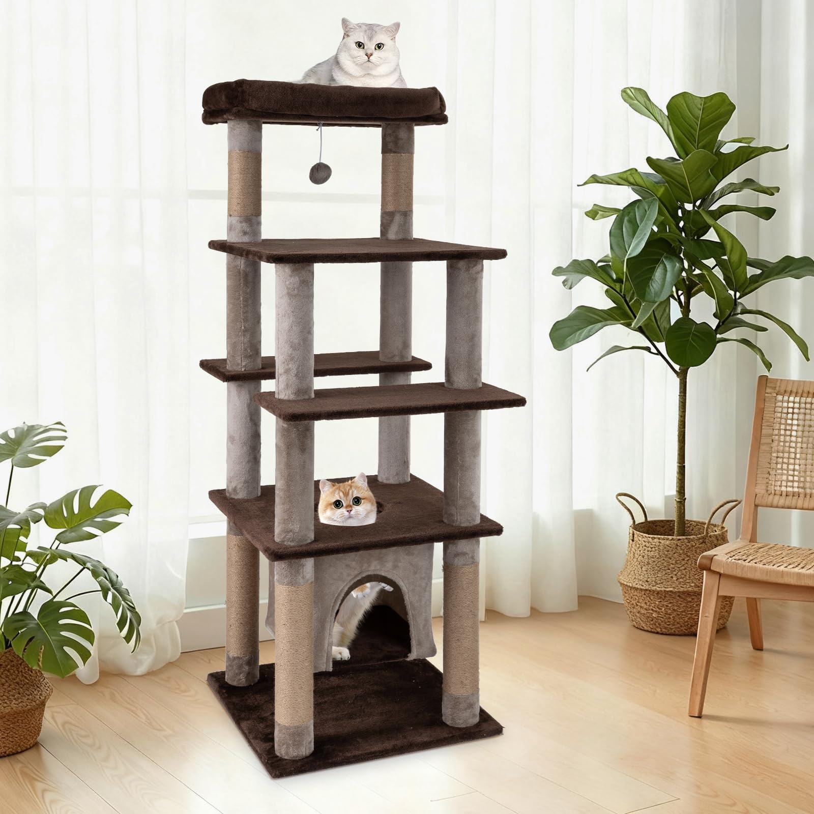 COSTWAY Rascador para Gatos Grandes, Árbol Rascador para Gatos Multinivel, Altura 148 cm con Condominio, Percha de Peluche, Postes Rascadores, Agujero, Pompón y Plataformas, Torre Gato de Interior