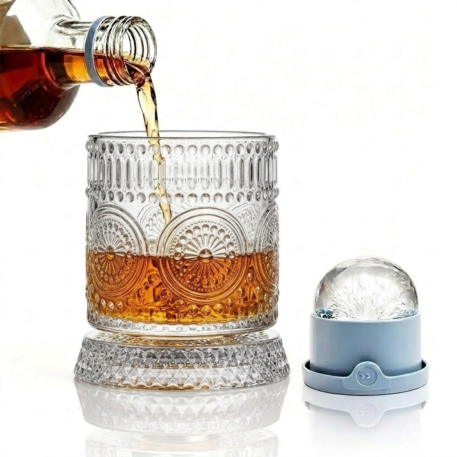 Bezvill Rotating Whiskey Glass with Large Ice Ball Mold, Single Spinning Crystal Bourbon & Old Fashioned Tumbler, 360° Kinetic Glassware for Home Bar, Unique Gifts for Men, Dad