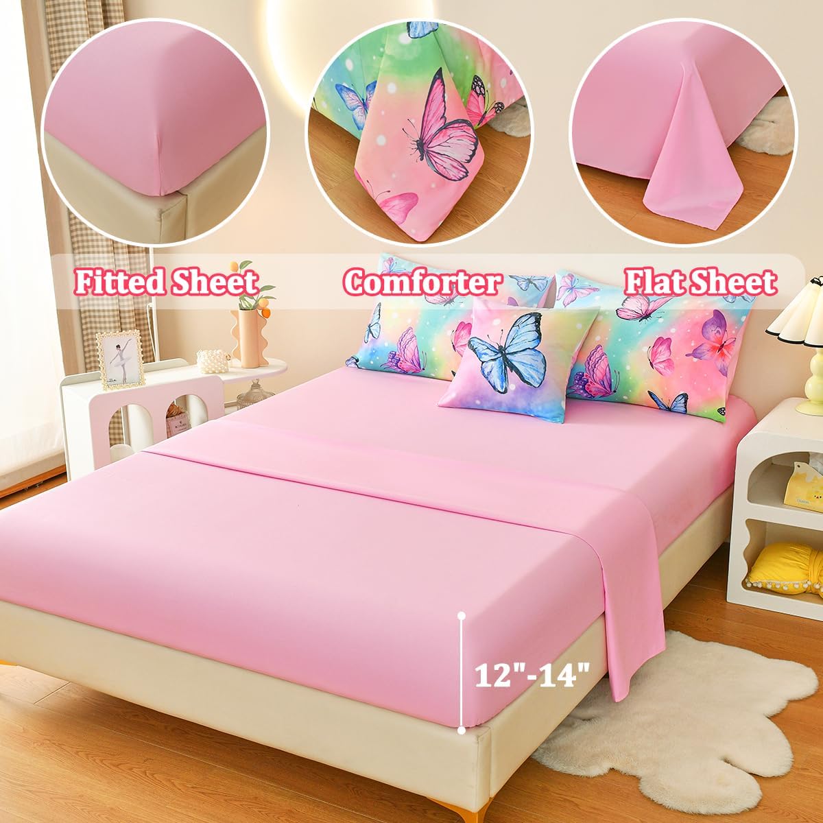 6 Pcs Bed in A Bag Full Comforter Set for Girls,Pink Butterfly Bedding,Butterfly Comforter Sets with Sheets for Kids Teens - Image 4