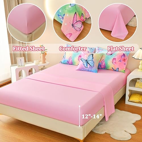 Miniatura 4 de Tasselily Juego de ropa de cama de mariposa tamaño matrimonial, juego de edredón de mariposa rosa para niñas, niños y adolescentes, 6 piezas de cama