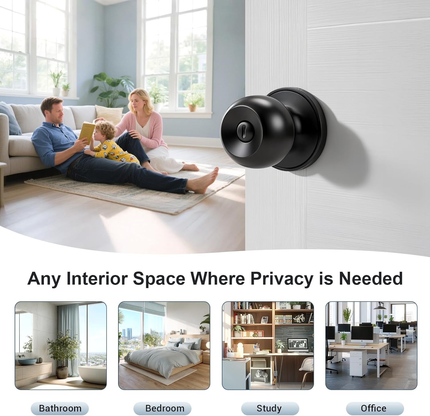 KNOBWELL Matte Black Door Knobs, Keyless Privacy Door Knob for Bedroom Bathroom, Interior Door Knobs with Round Ball Shape Knob, Stainless Steel Indoor Door Knob, 5 Pack