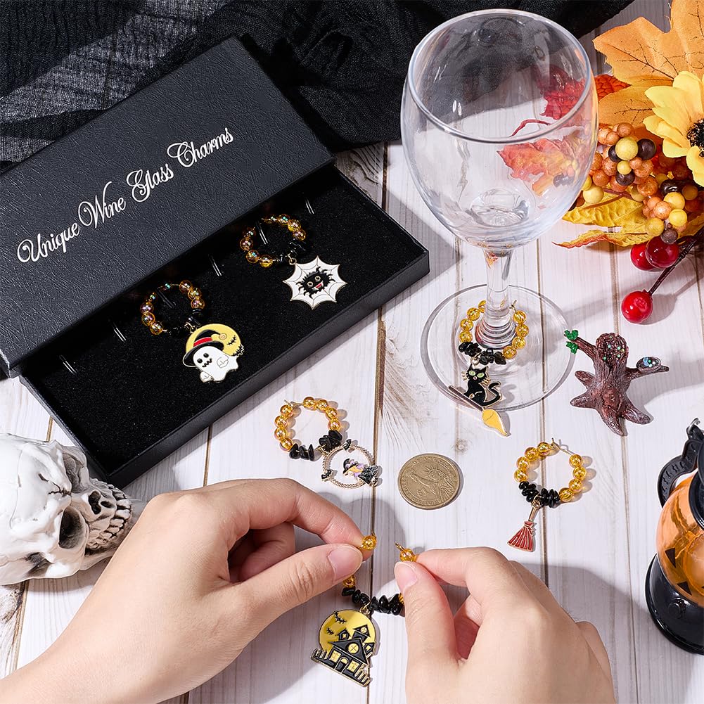 SUNNYCLUE 1 Box 6pcs Holiday Wine Charms Wine Drink Charms Halloween Cute Ghost Spider Cat Broomstick Drinker Identification Makers Ring Tag Charm for Wine Tasting Party Home Women Decorations - Image 3